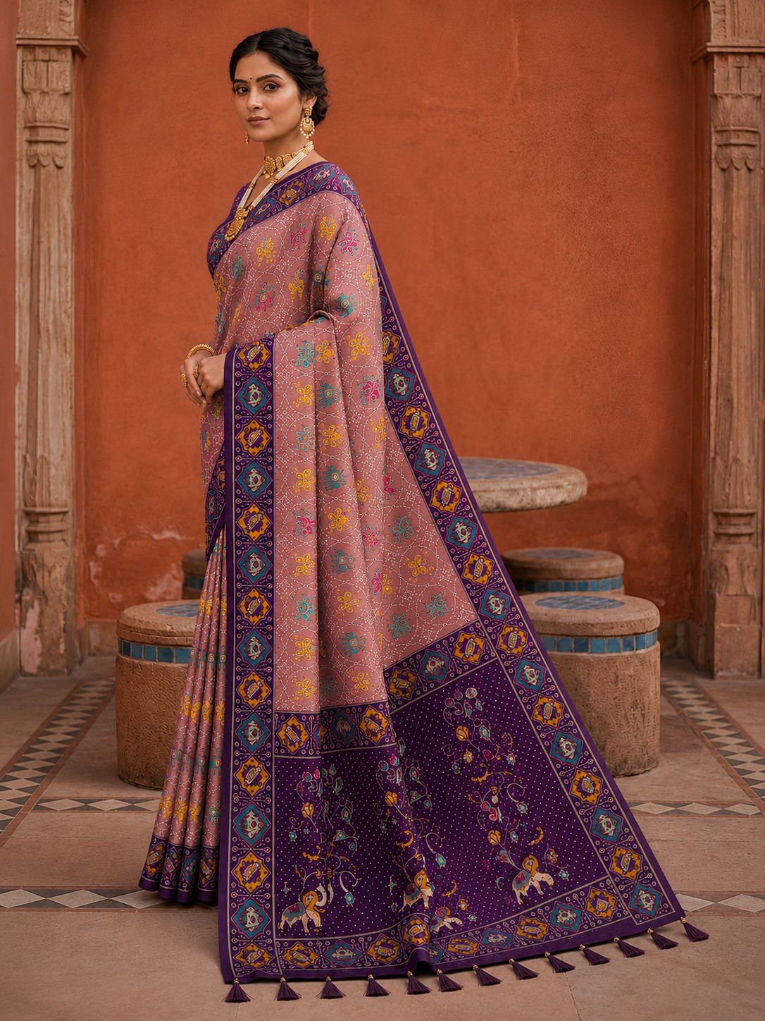 Purple Geometric Woven Meenakari Jacquard Patola Silk Saree