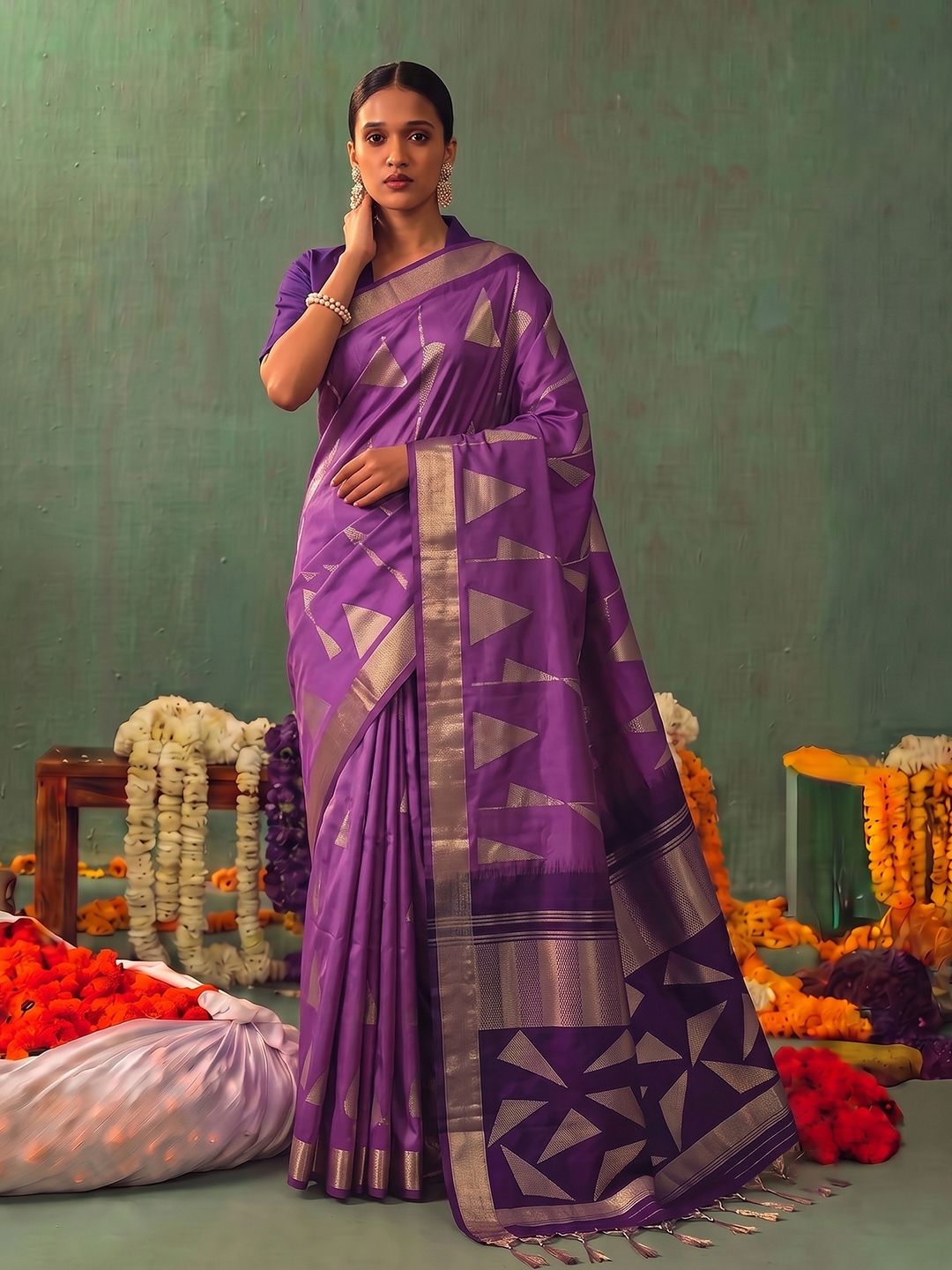 Purple Geometric Woven Zari Soft Silk Saree