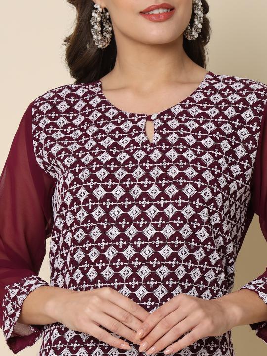Purple Georgette Chikankari Embroidered Kurti