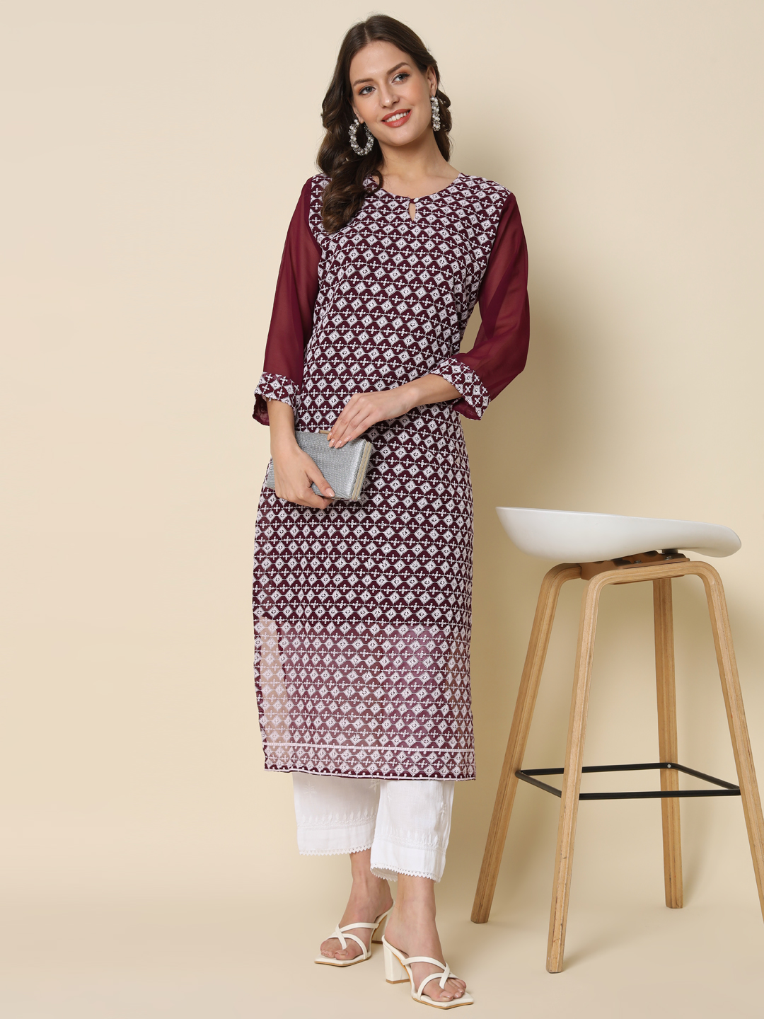 Purple Georgette Chikankari Embroidered Kurti