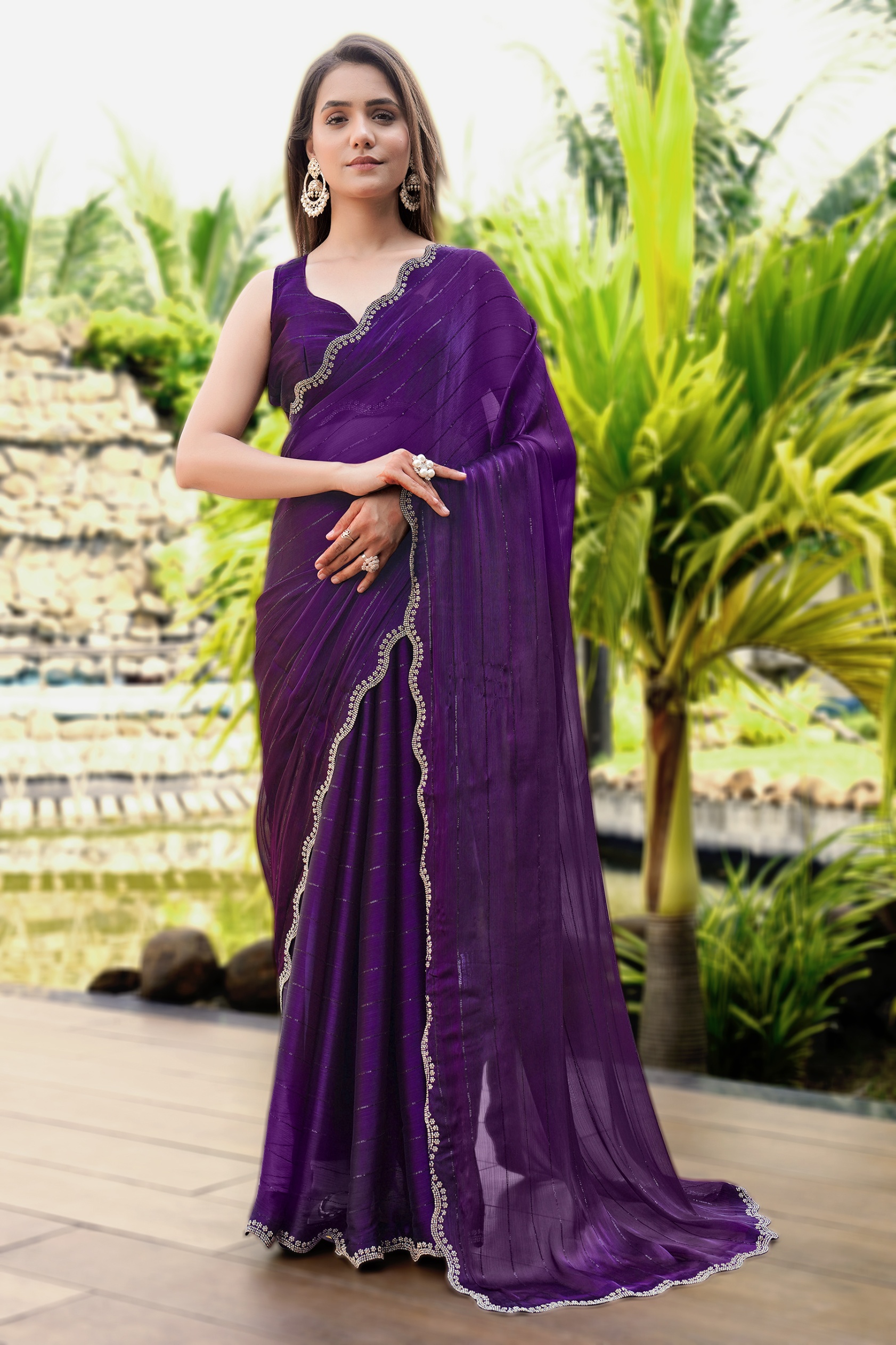 Purple Georgette Cutwork Diamond Elegant Designer Saree