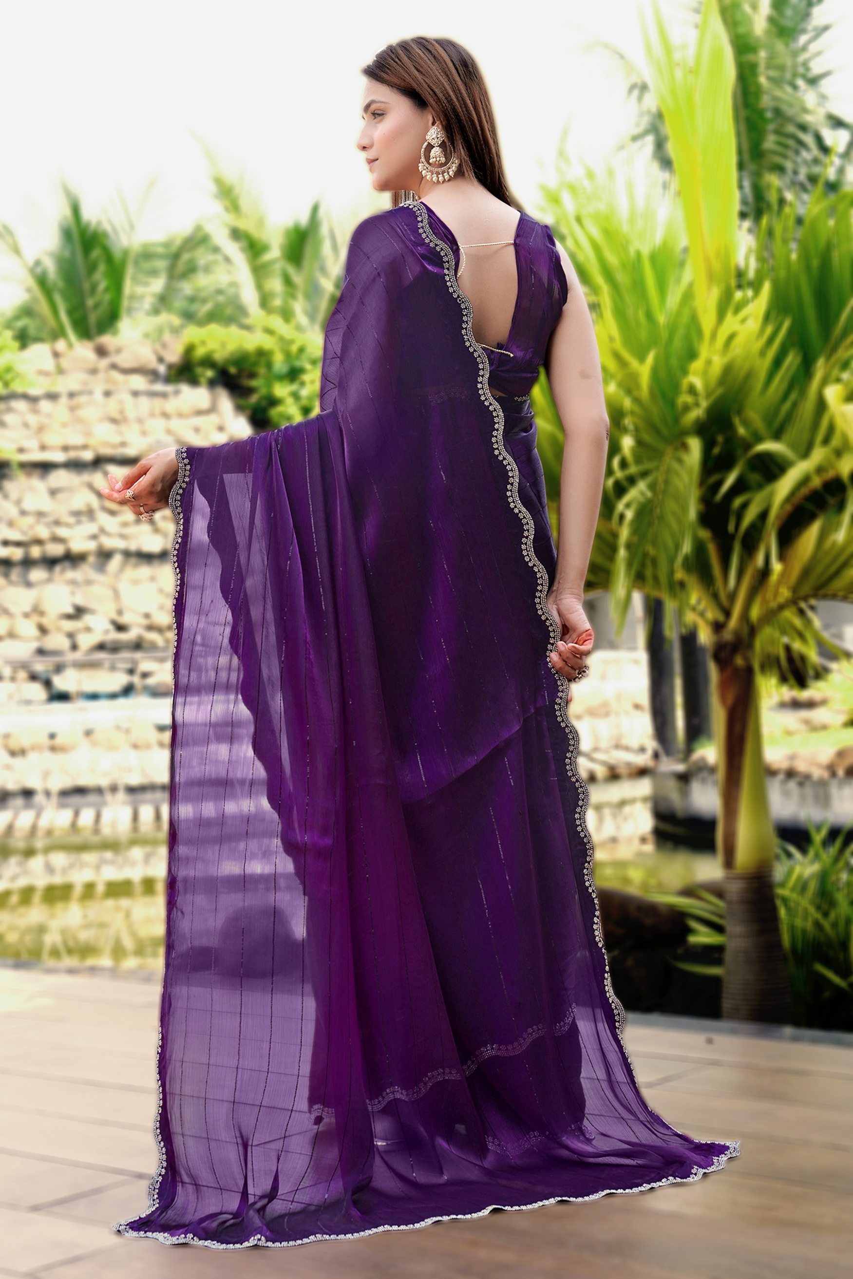Purple Georgette Cutwork Diamond Elegant Designer Saree — alternate view