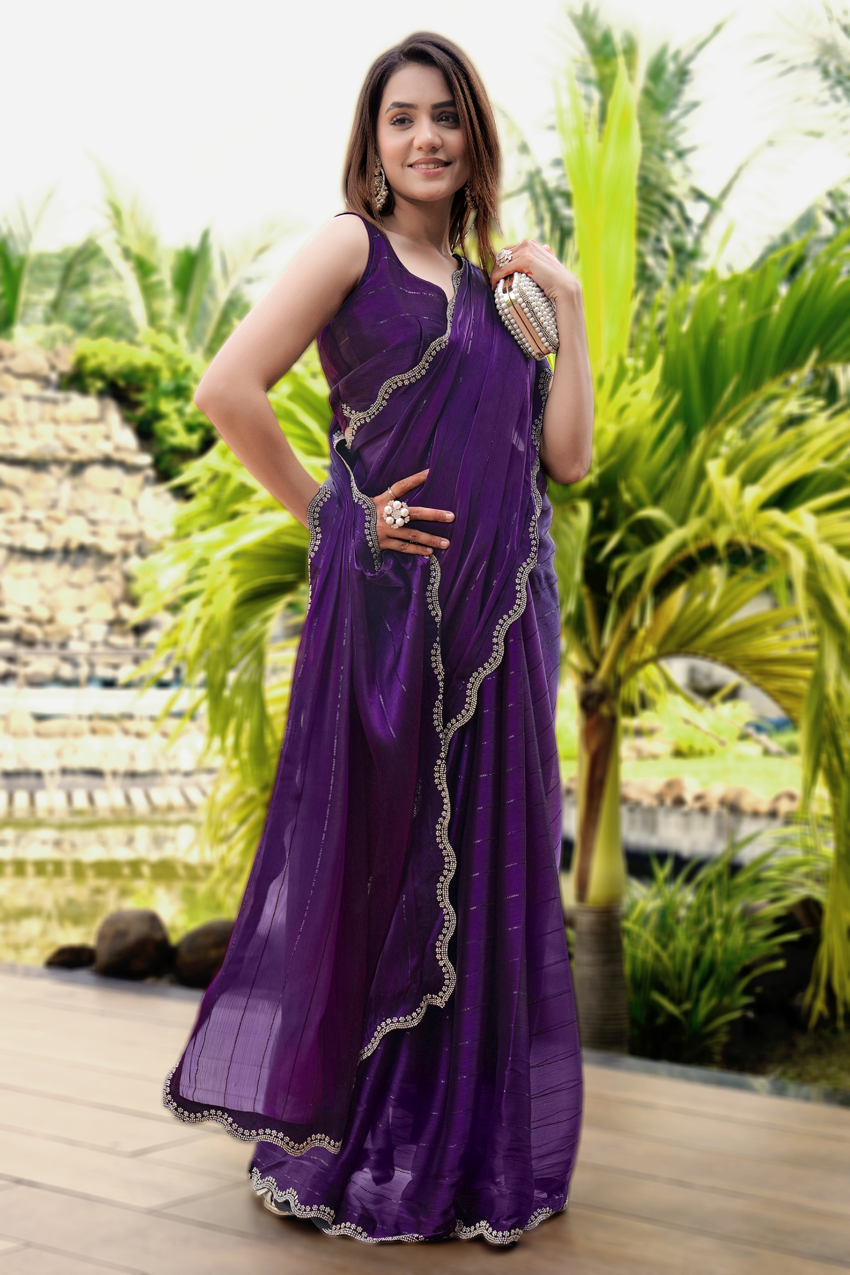 Purple Georgette Cutwork Diamond Elegant Designer Saree