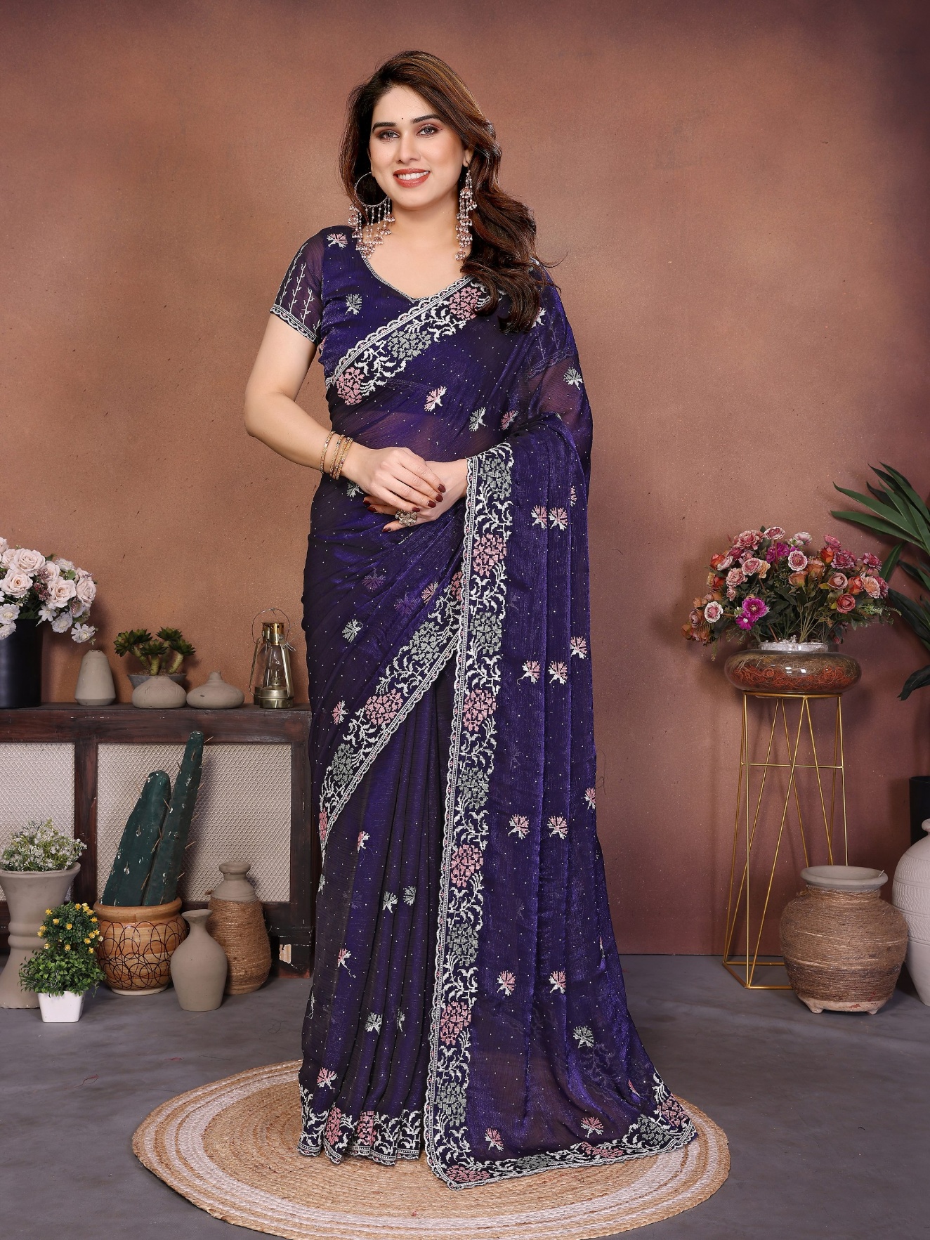 Purple Georgette Cutwork Embroidered Fluid Saree