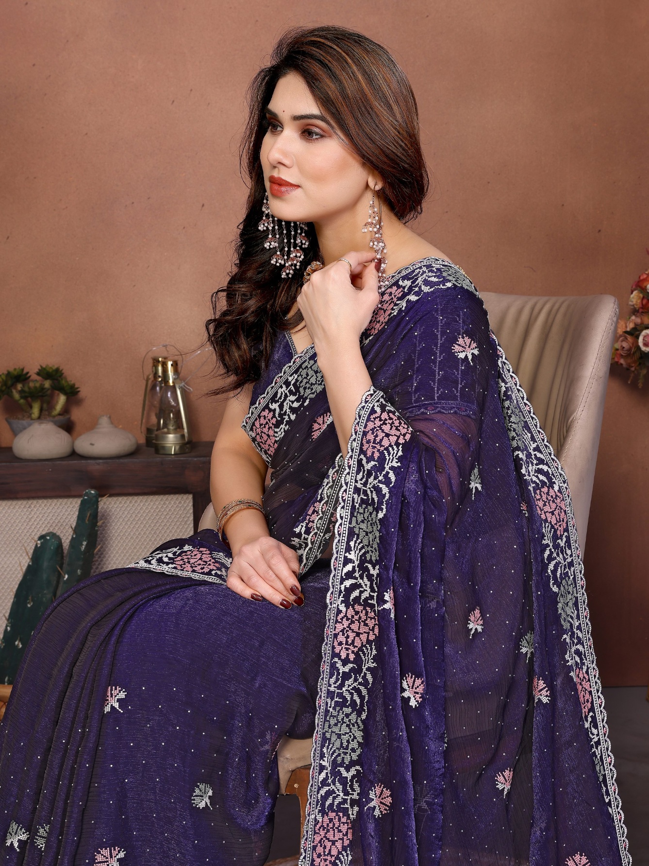 Purple Georgette Cutwork Embroidered Fluid Saree — alternate view