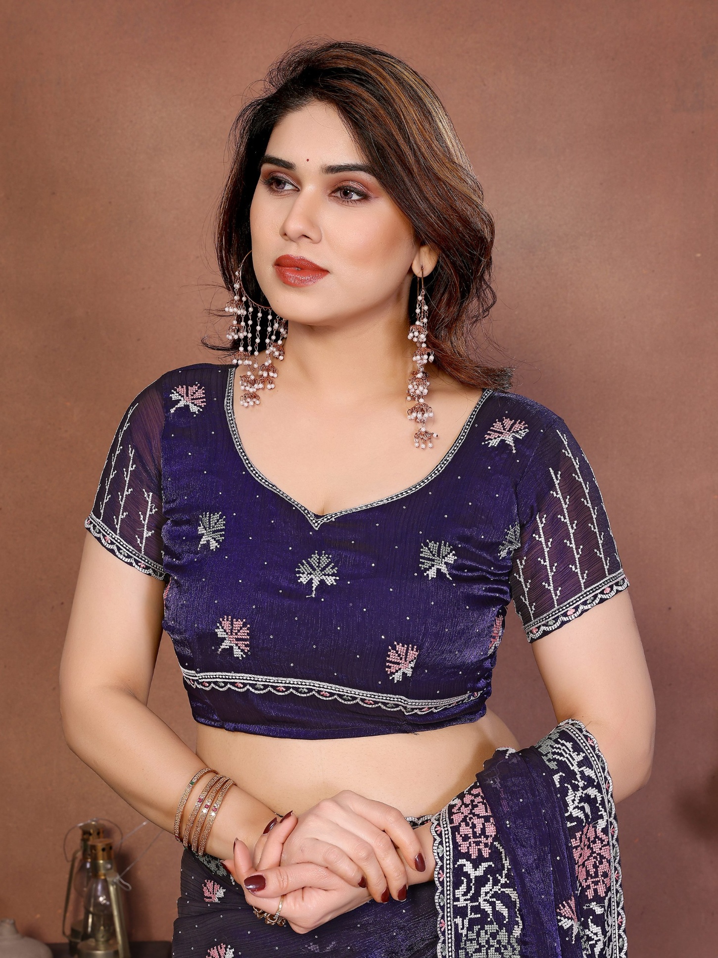 Purple Georgette Cutwork Embroidered Fluid Saree