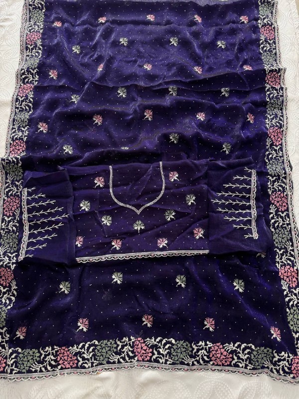 Purple Georgette Cutwork Embroidered Fluid Saree