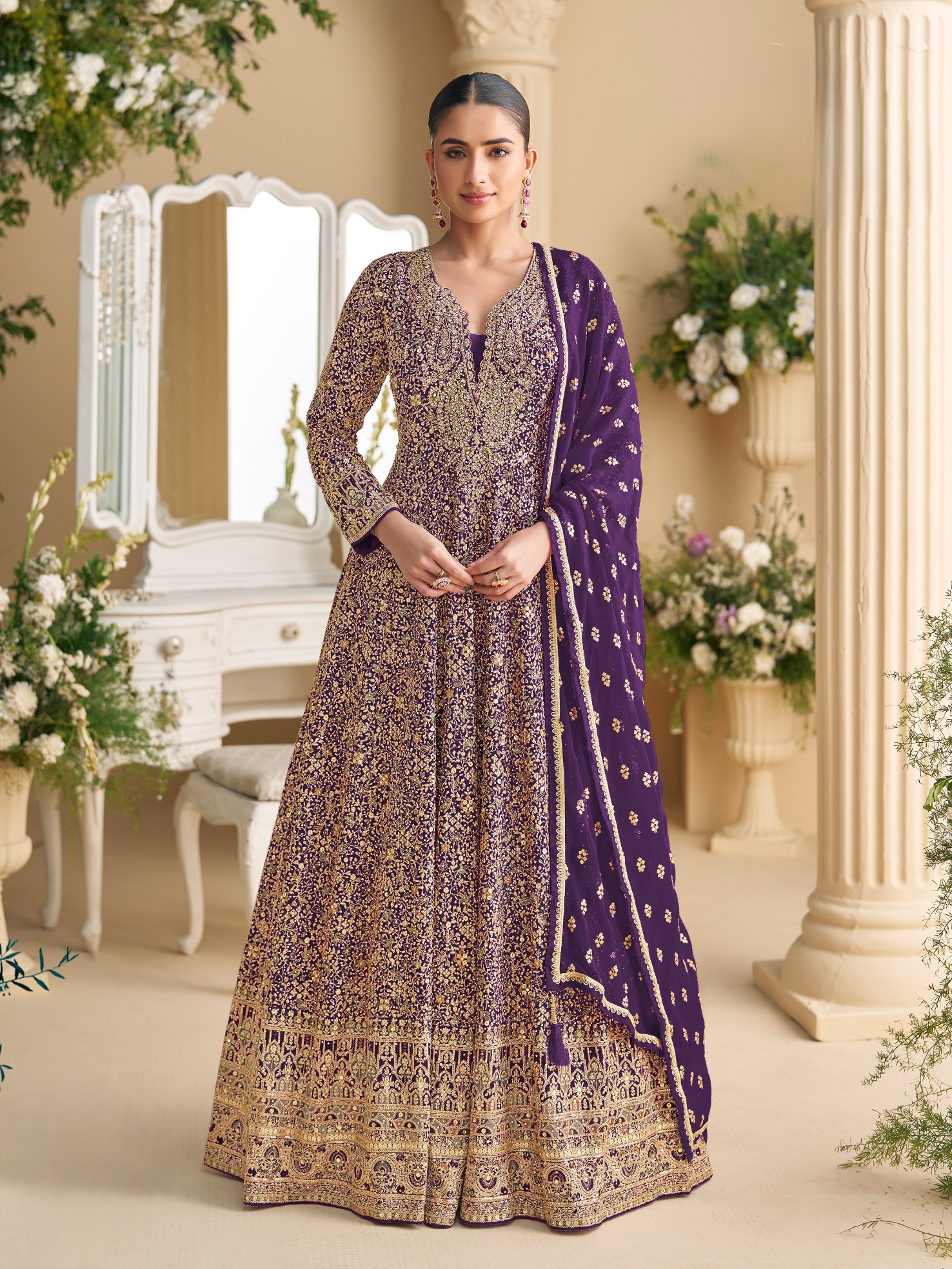 Purple Georgette Designer Embroidered Party Wear Gown
