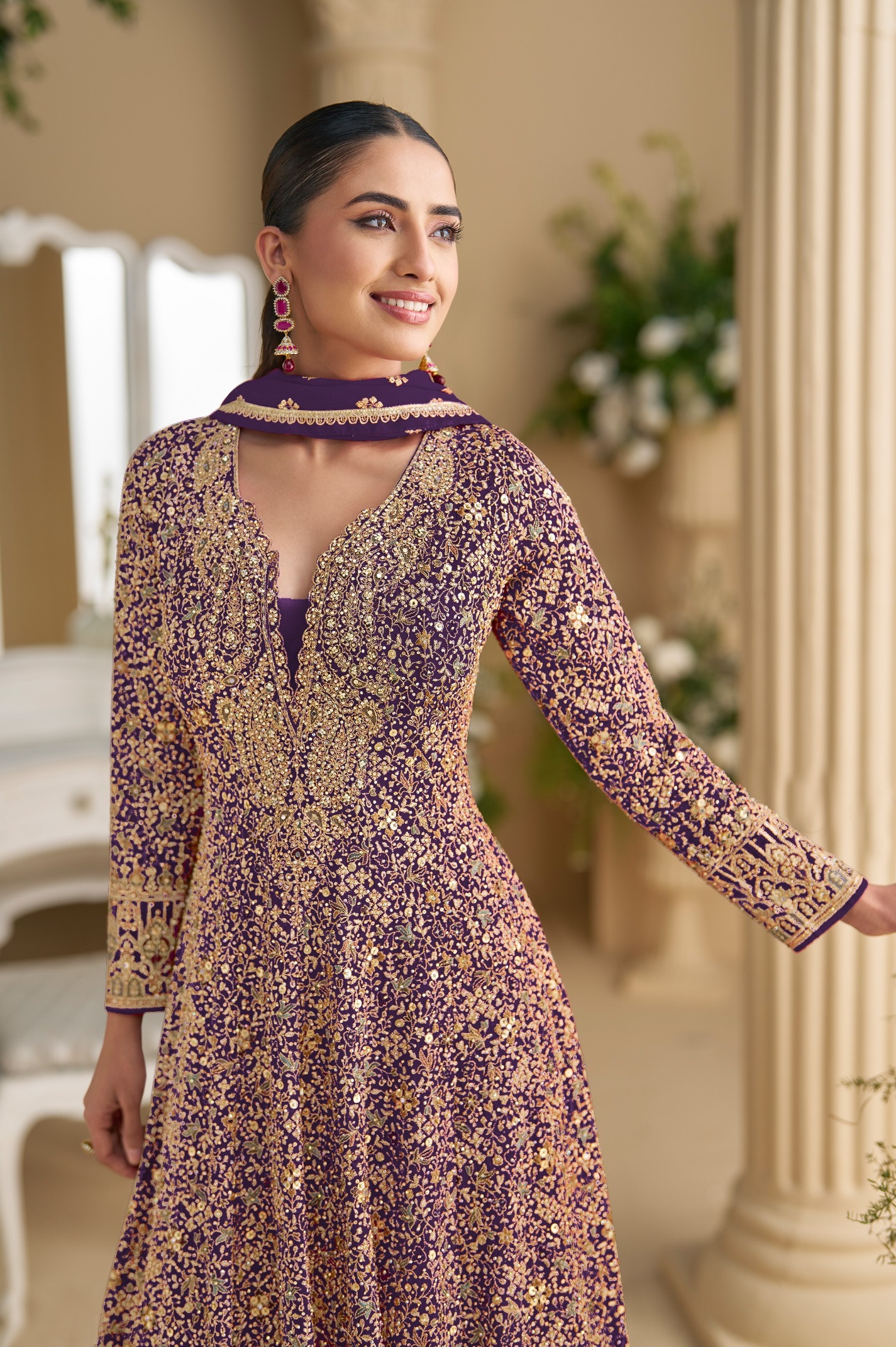 Purple Georgette Designer Embroidered Party Wear Gown