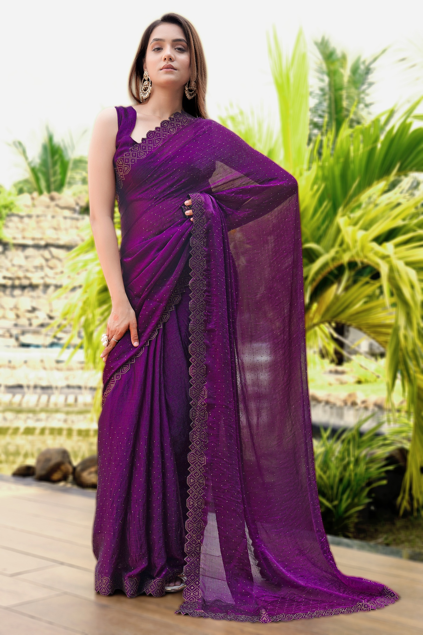 Purple Georgette Diamond Border Minimal Designer Saree