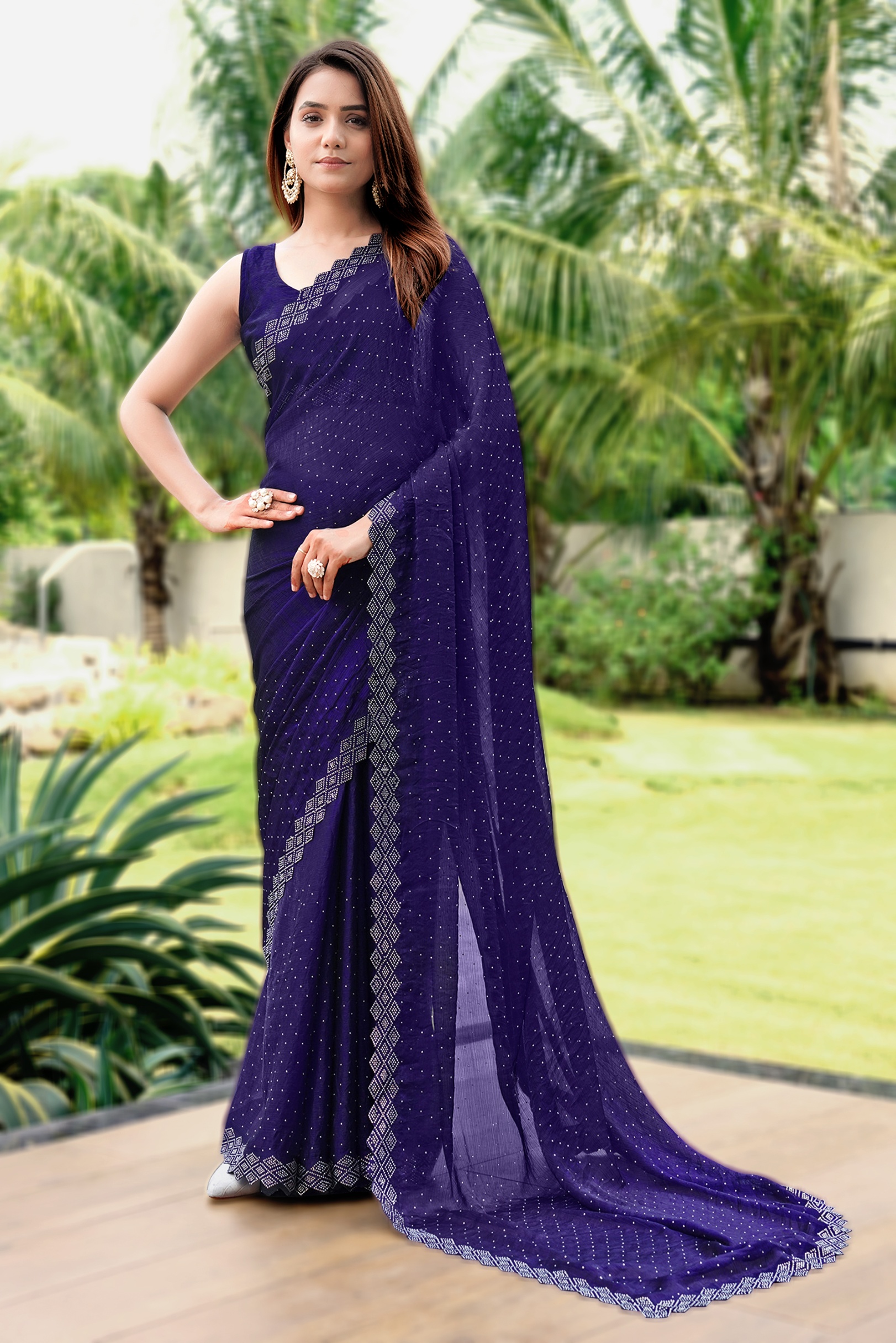 Purple Georgette Diamond Work All Over Designer Saree