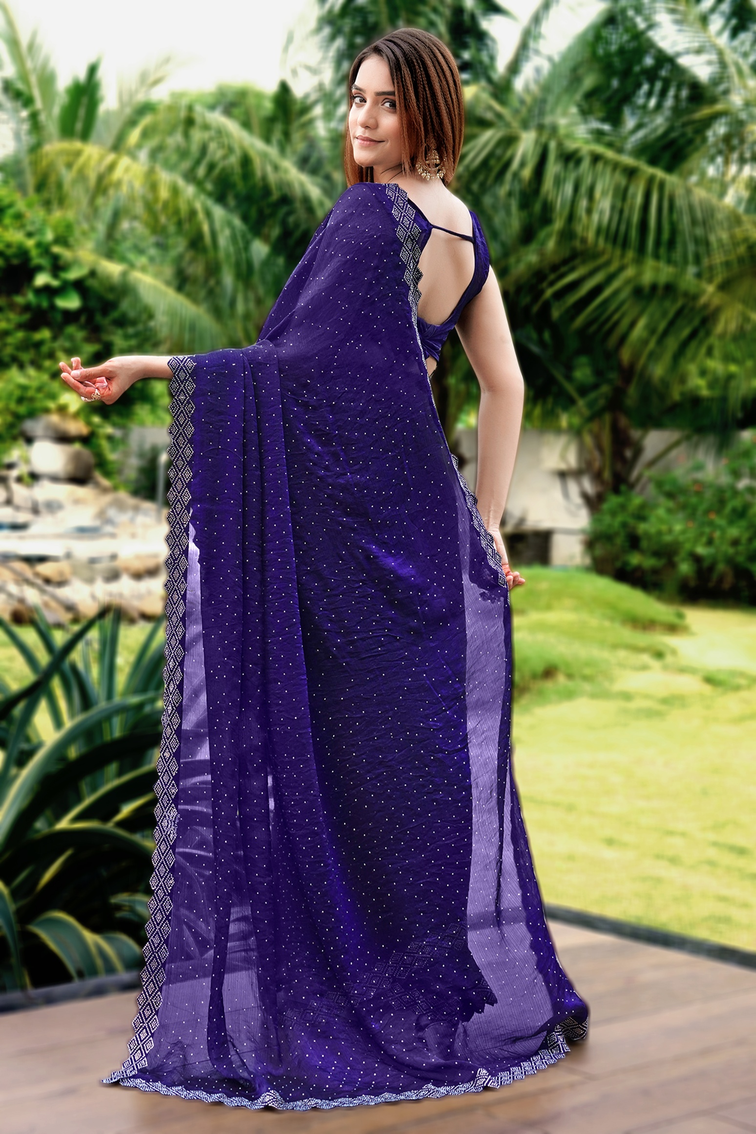 Purple Georgette Diamond Work All Over Designer Saree — alternate view