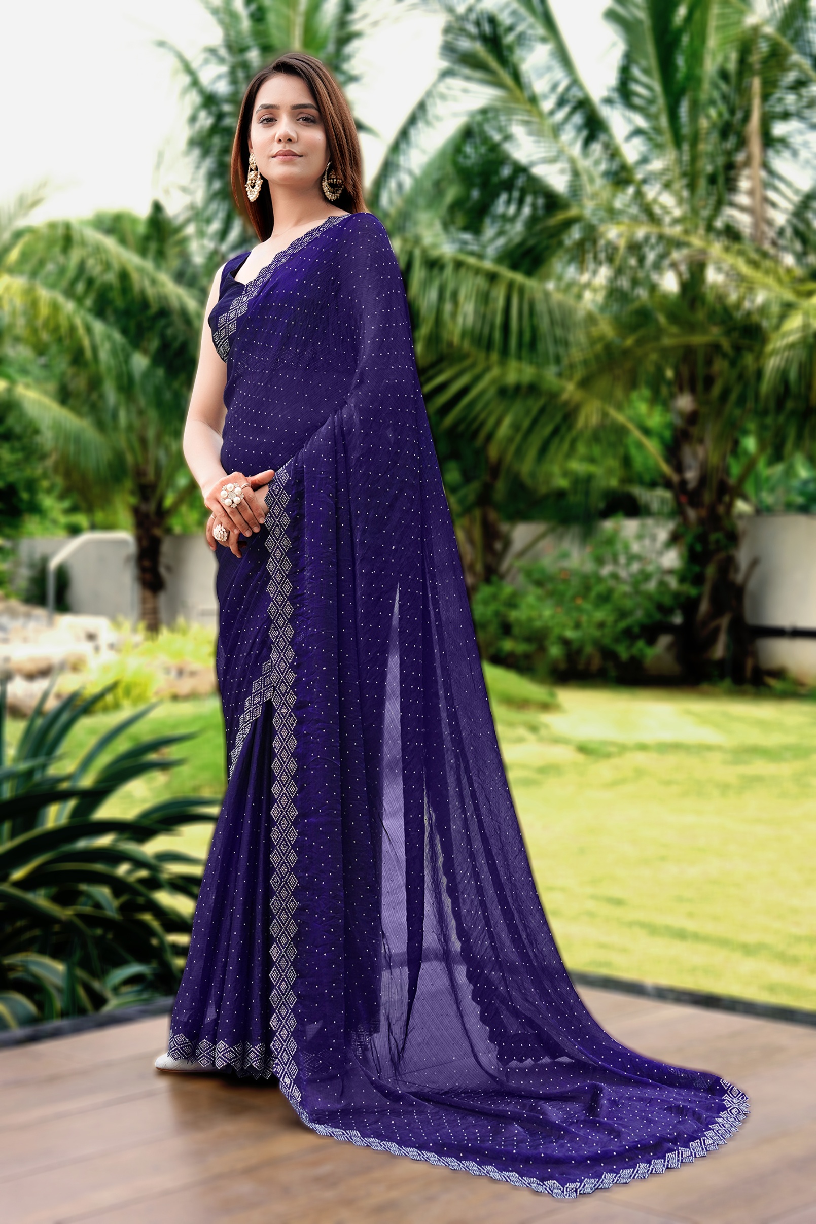 Purple Georgette Diamond Work All Over Designer Saree