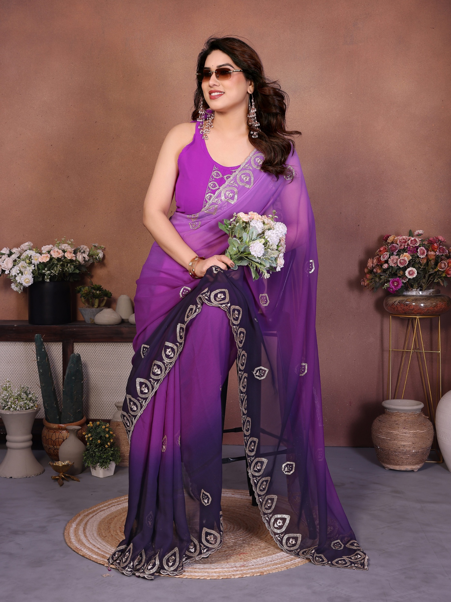 Purple Georgette Embroidered Ombre Contrast Saree