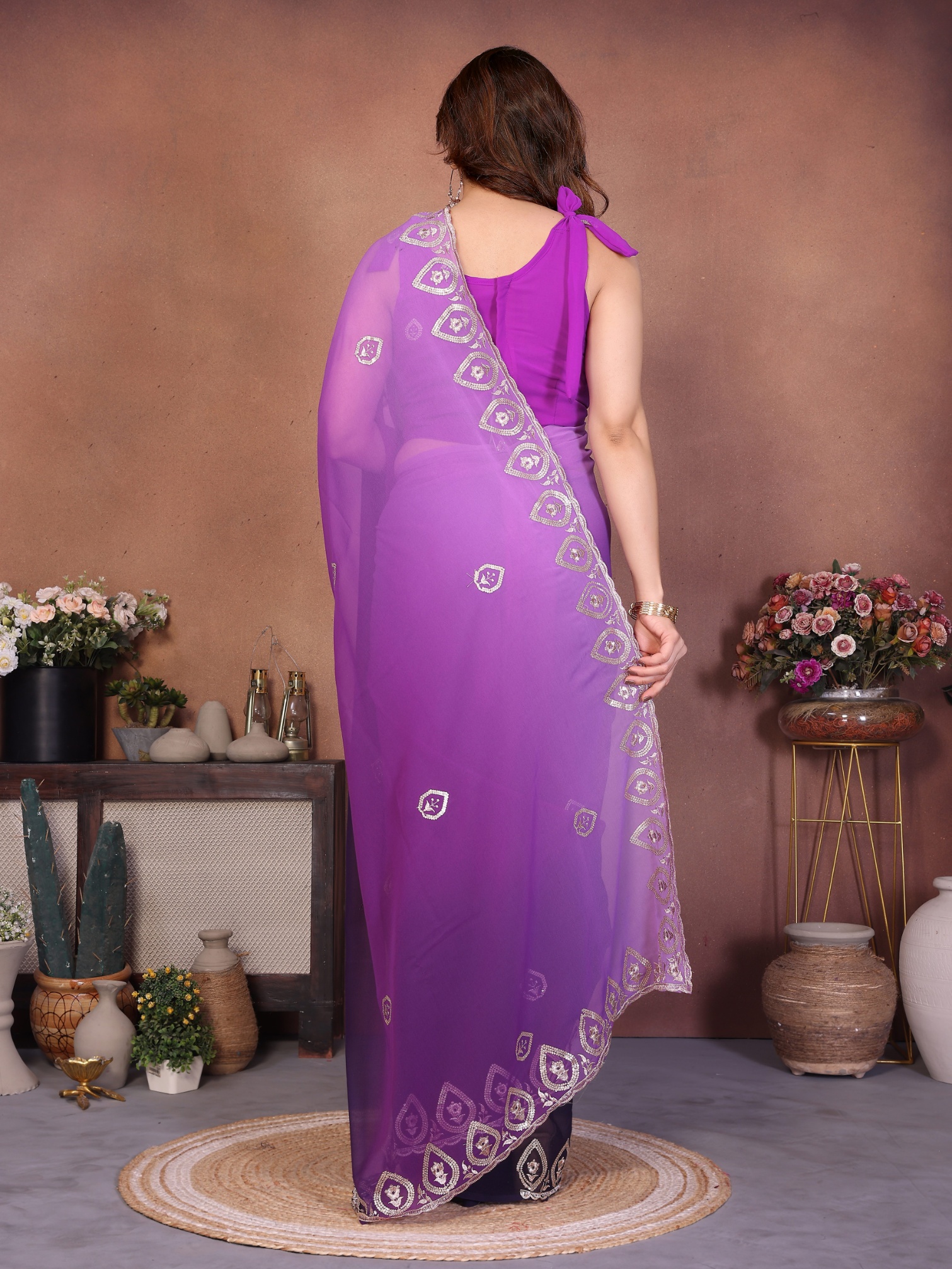 Purple Georgette Embroidered Ombre Contrast Saree — alternate view