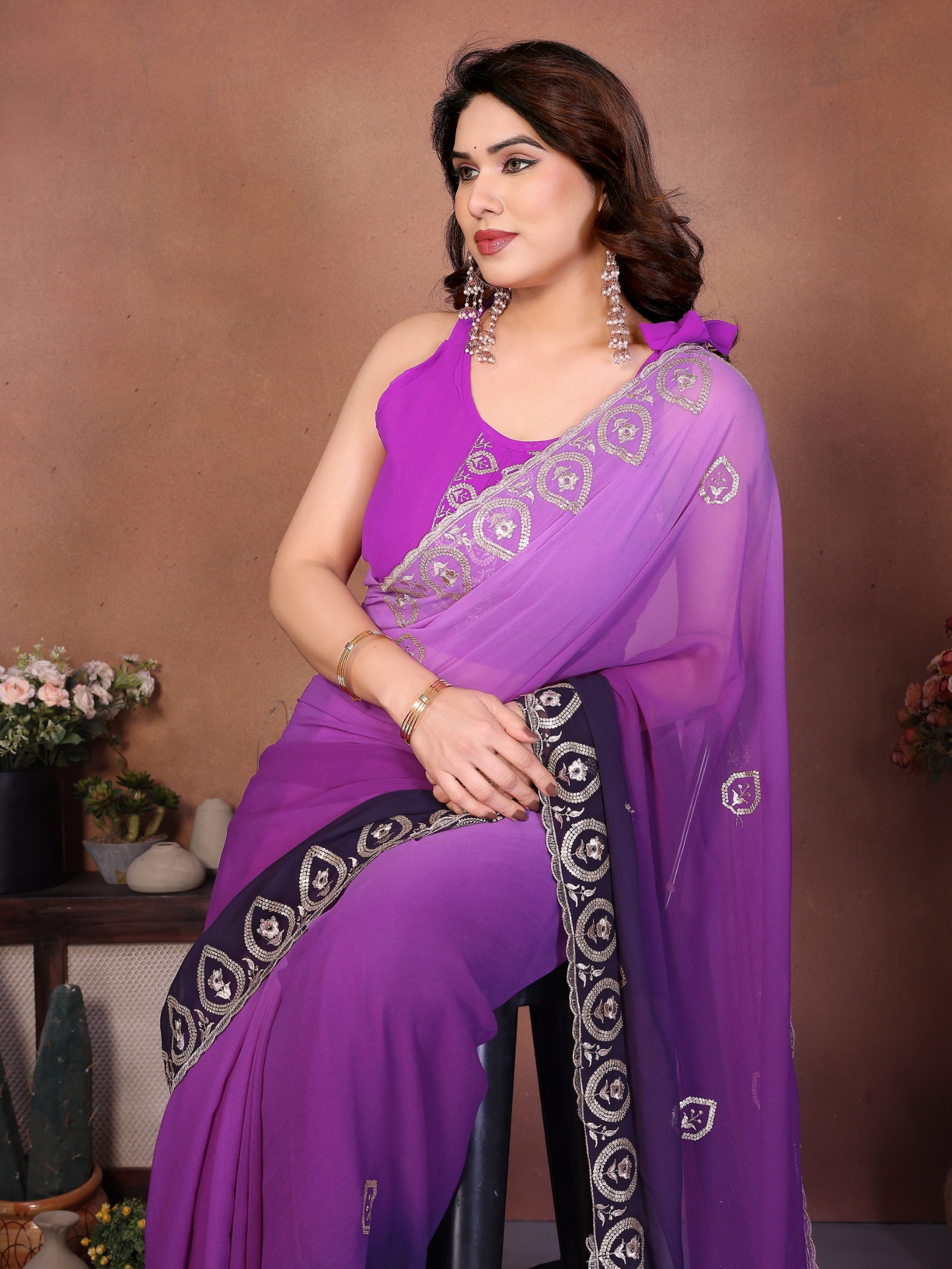Purple Georgette Embroidered Ombre Contrast Saree