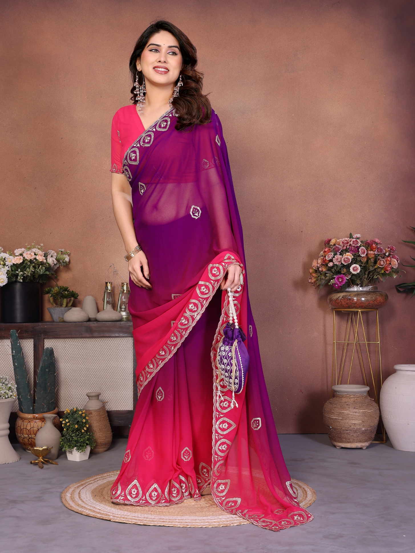 Purple Georgette Embroidered Ombre Fluid Saree