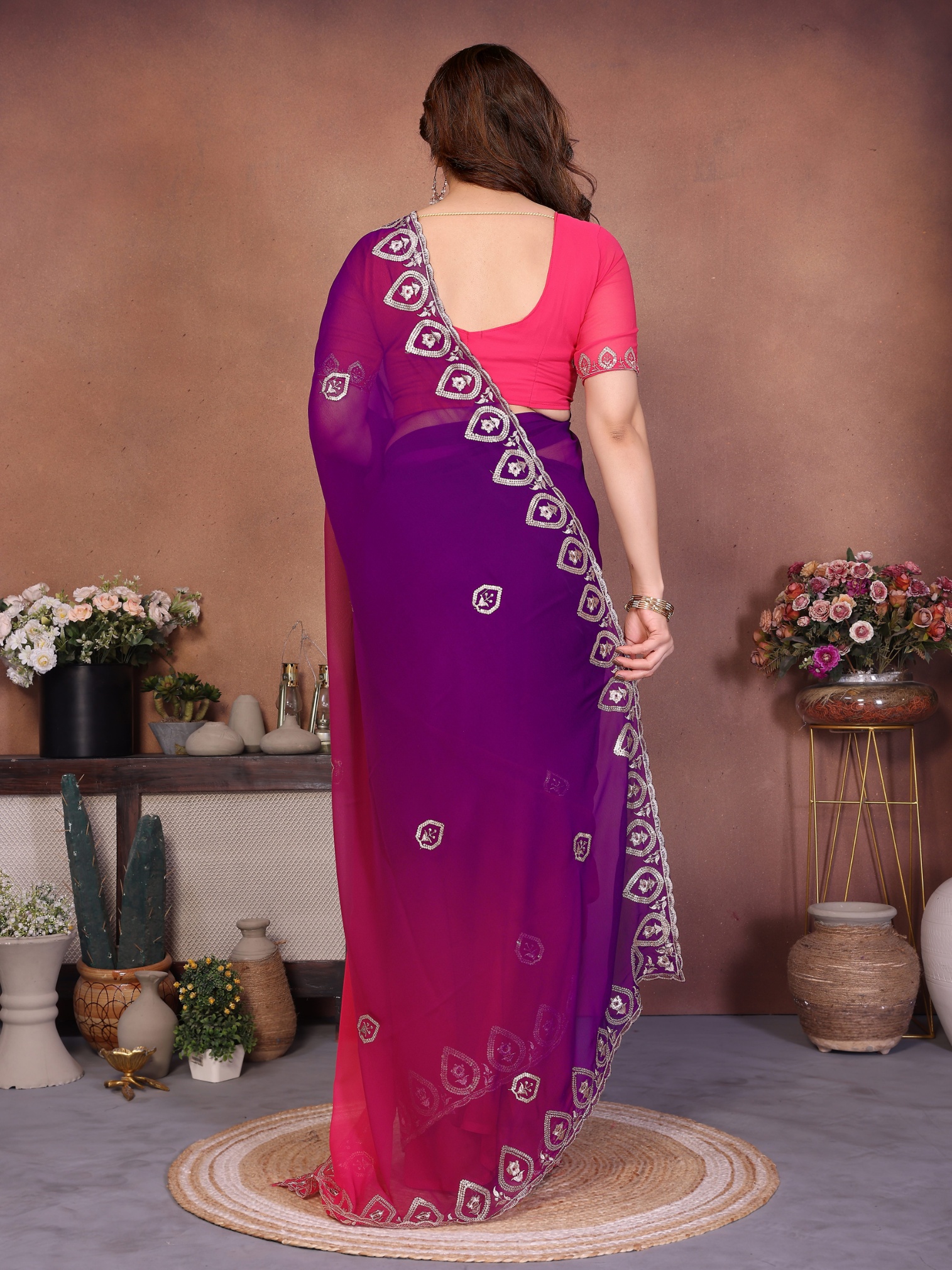 Purple Georgette Embroidered Ombre Fluid Saree — alternate view