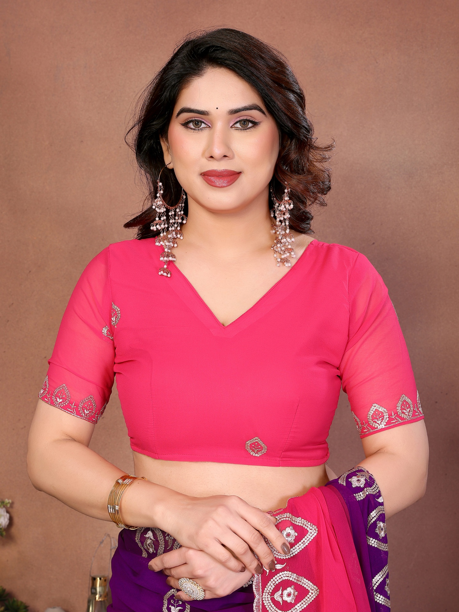 Purple Georgette Embroidered Ombre Fluid Saree