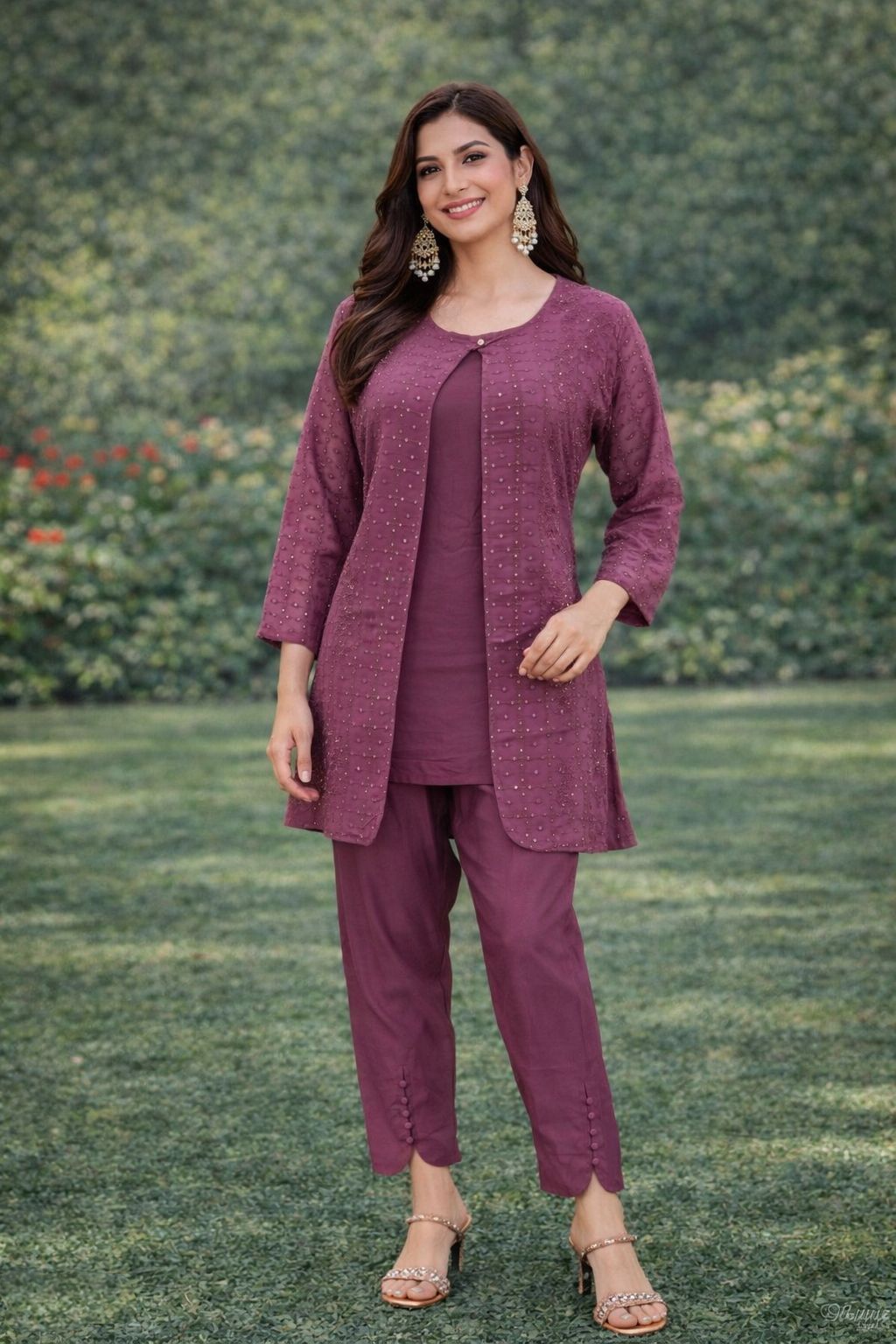 Purple Georgette Floral Embroidery Sequence Work Koti Coord Set