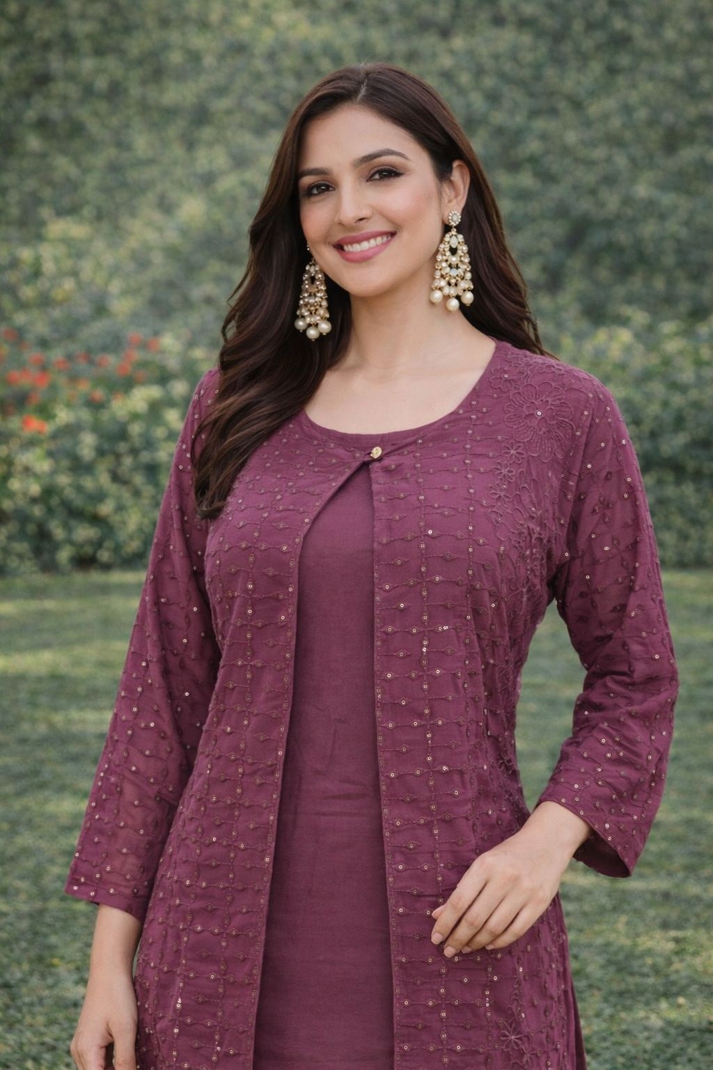 Purple Georgette Floral Embroidery Sequence Work Koti Coord Set — alternate view