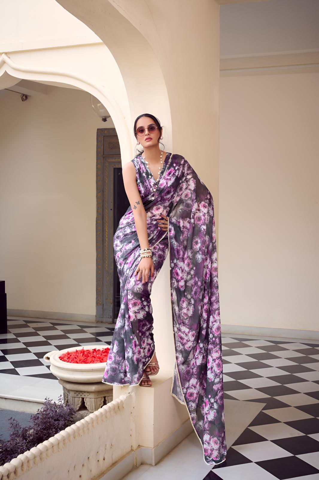 Purple Georgette Floral Printed Ready To Wear Saree