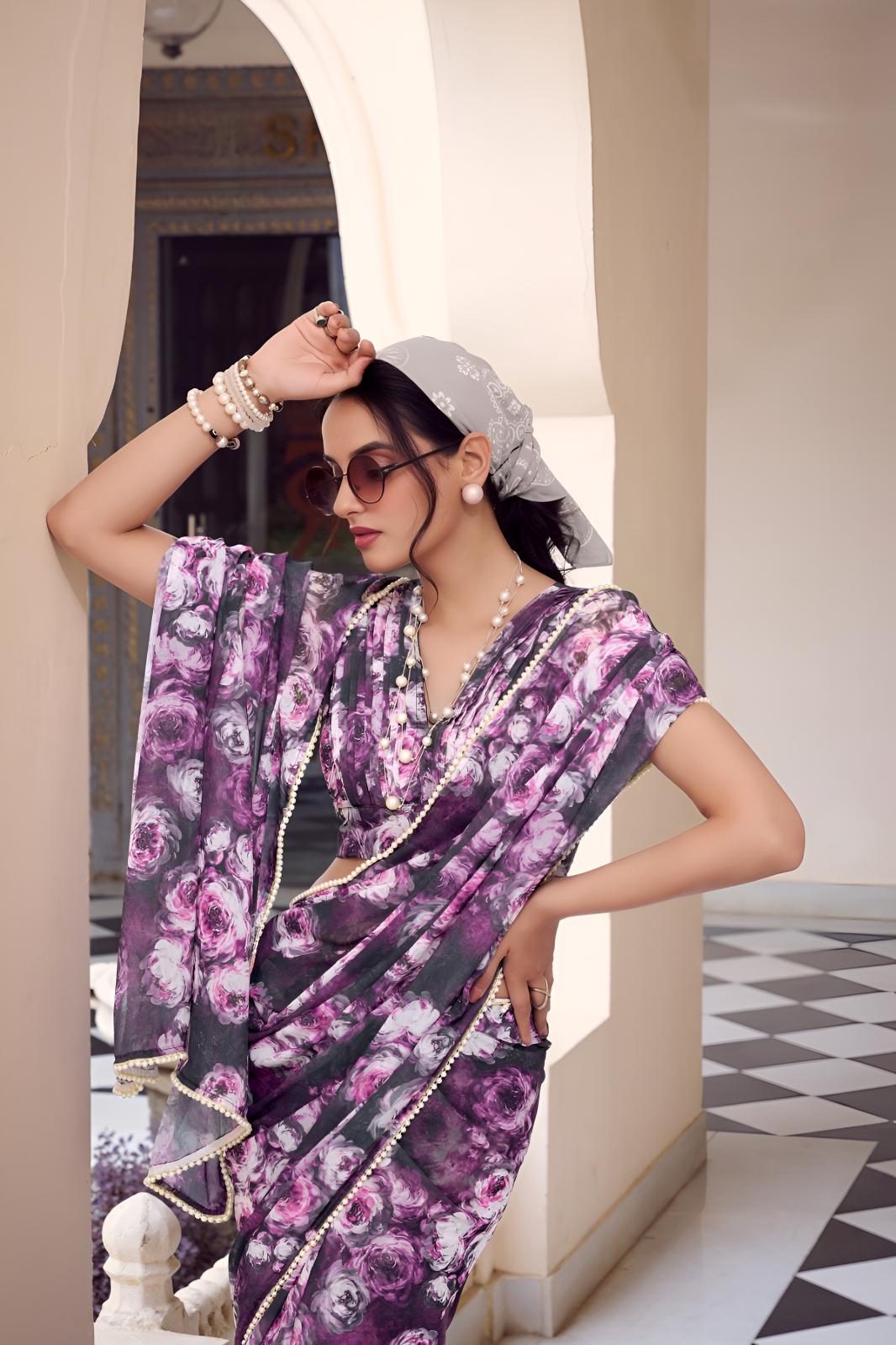 Purple Georgette Floral Printed Ready To Wear Saree — alternate view