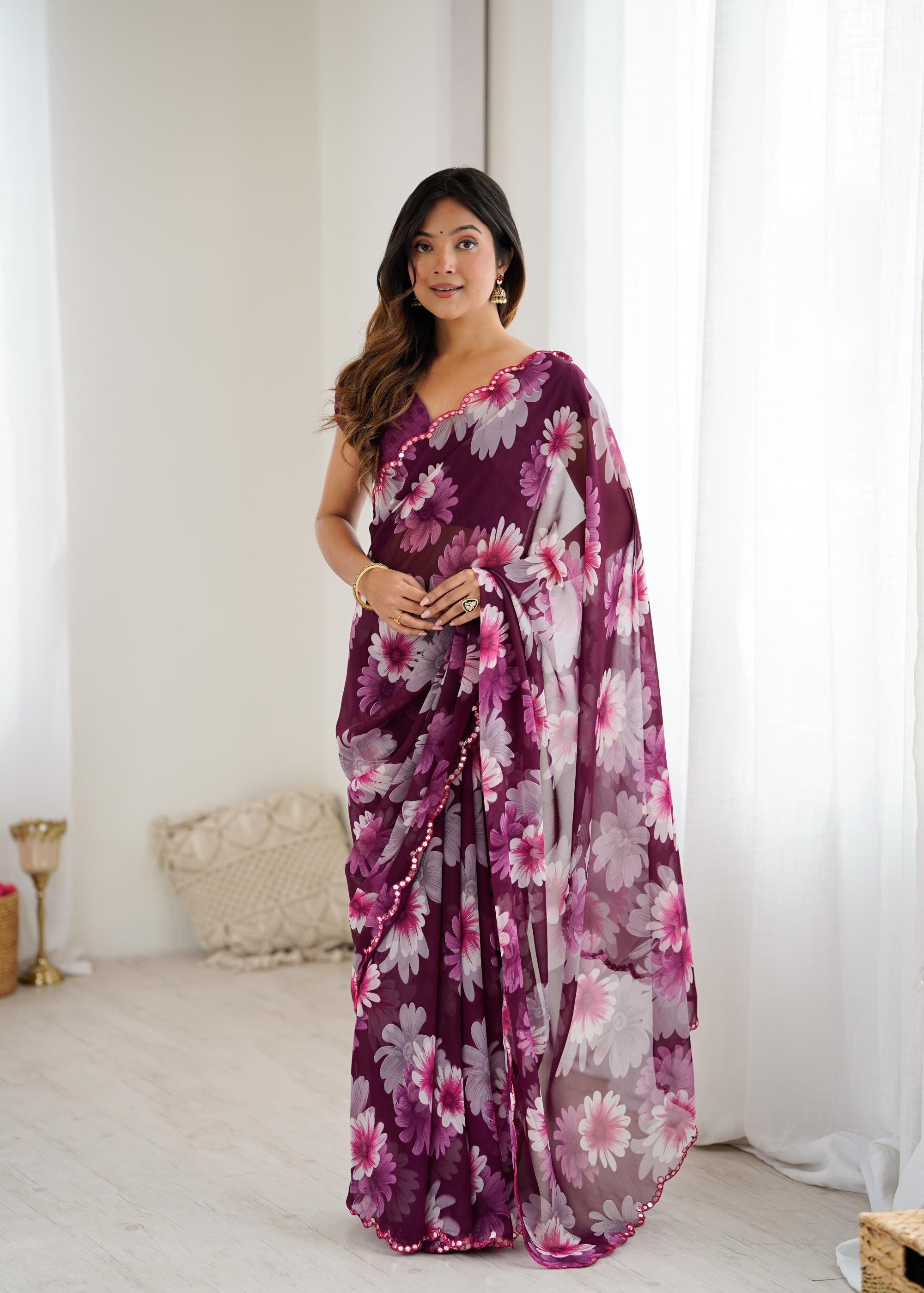 Purple Georgette Floral Printed Saree