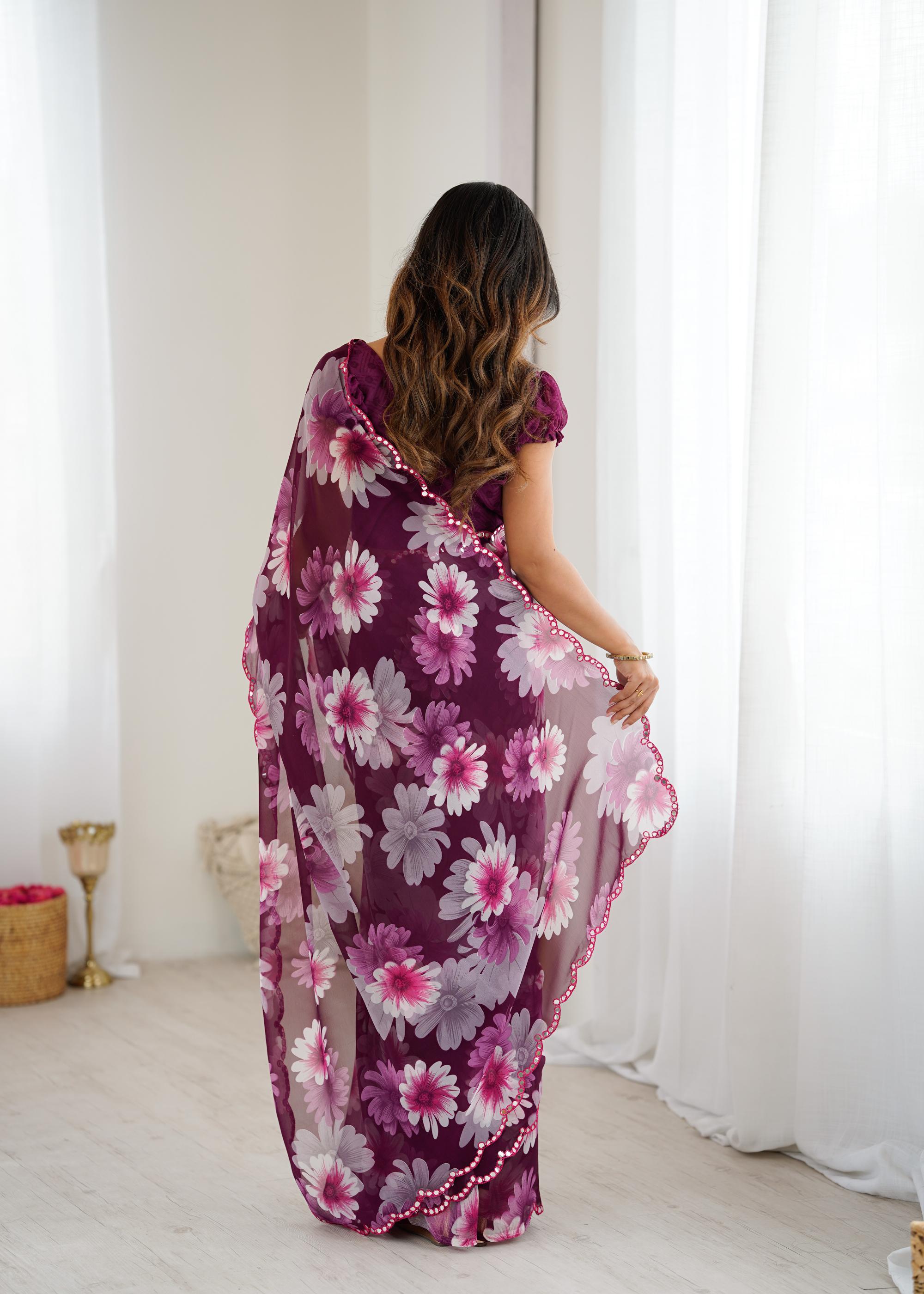 Purple Georgette Floral Printed Saree — alternate view