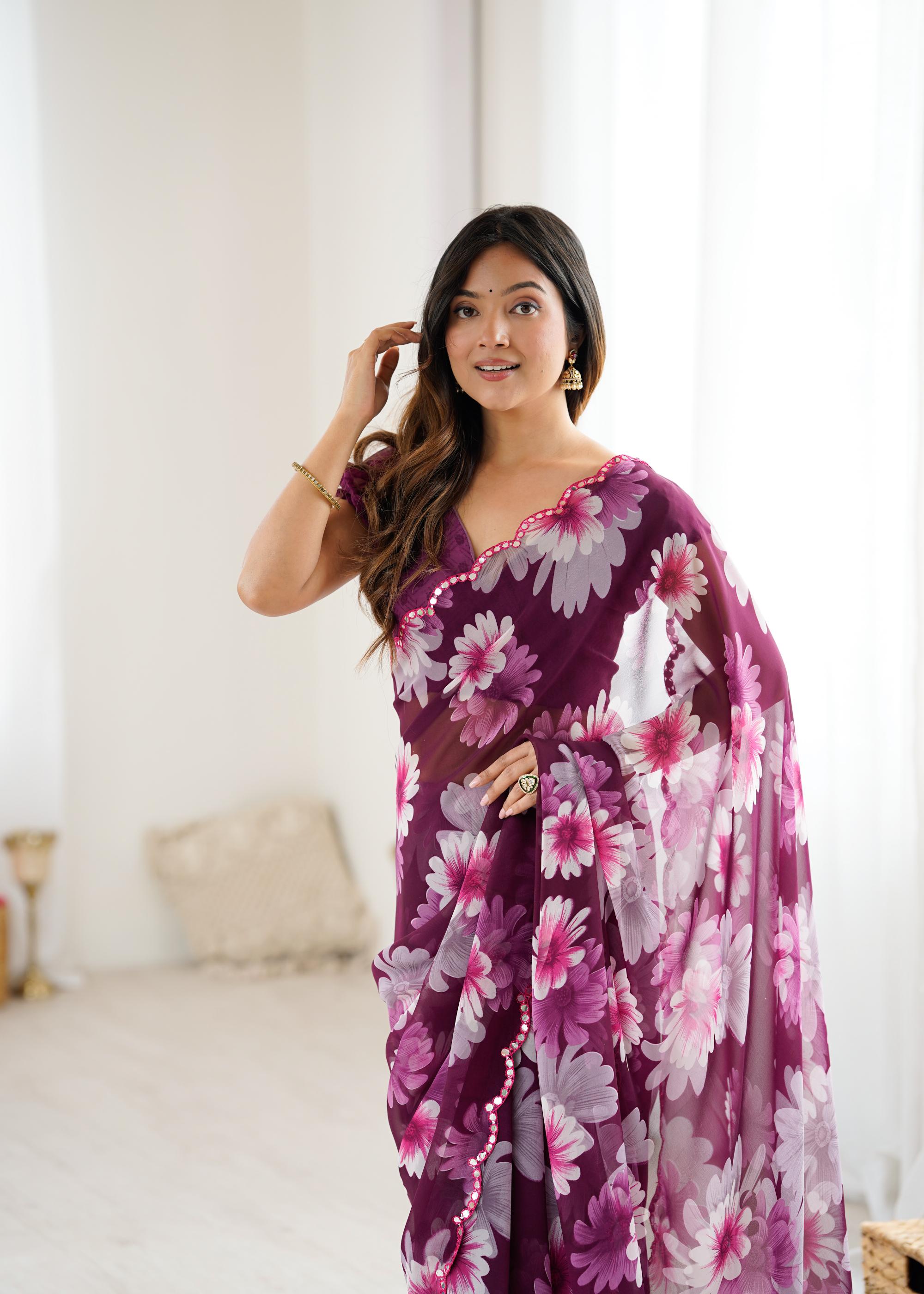 Purple Georgette Floral Printed Saree