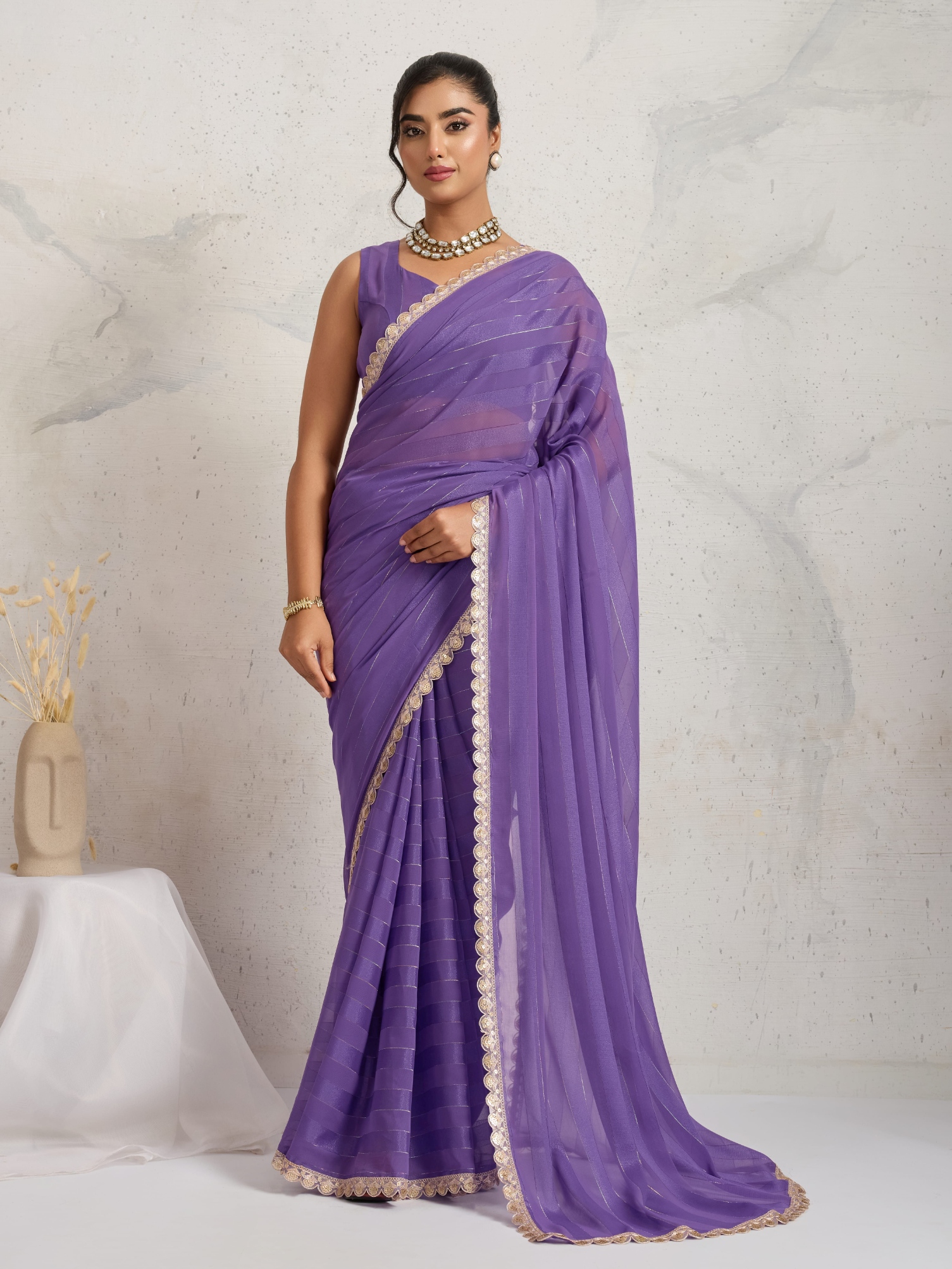 Purple Georgette Lace Border Ready To Wear Saree