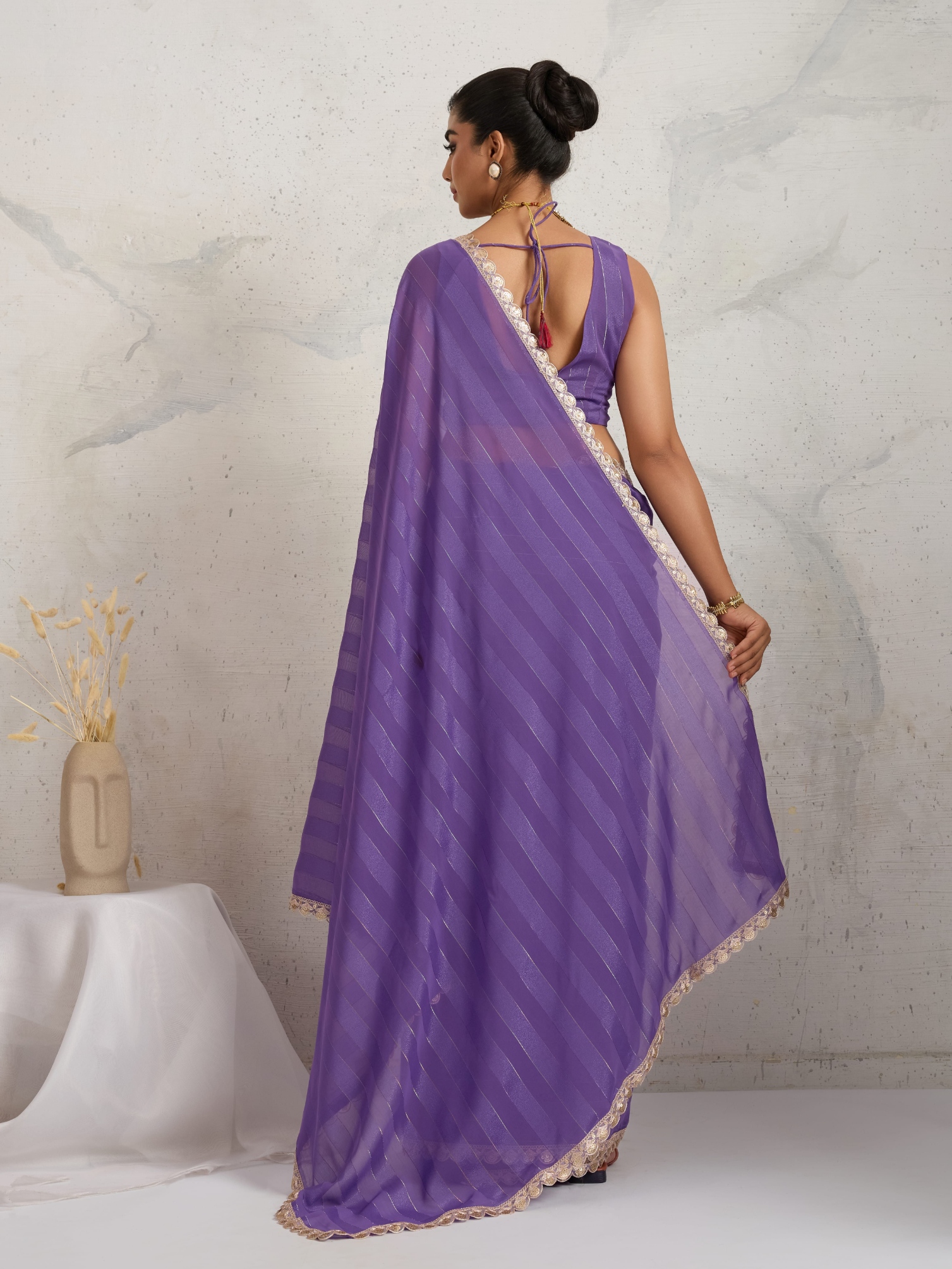 Purple Georgette Lace Border Ready To Wear Saree — alternate view