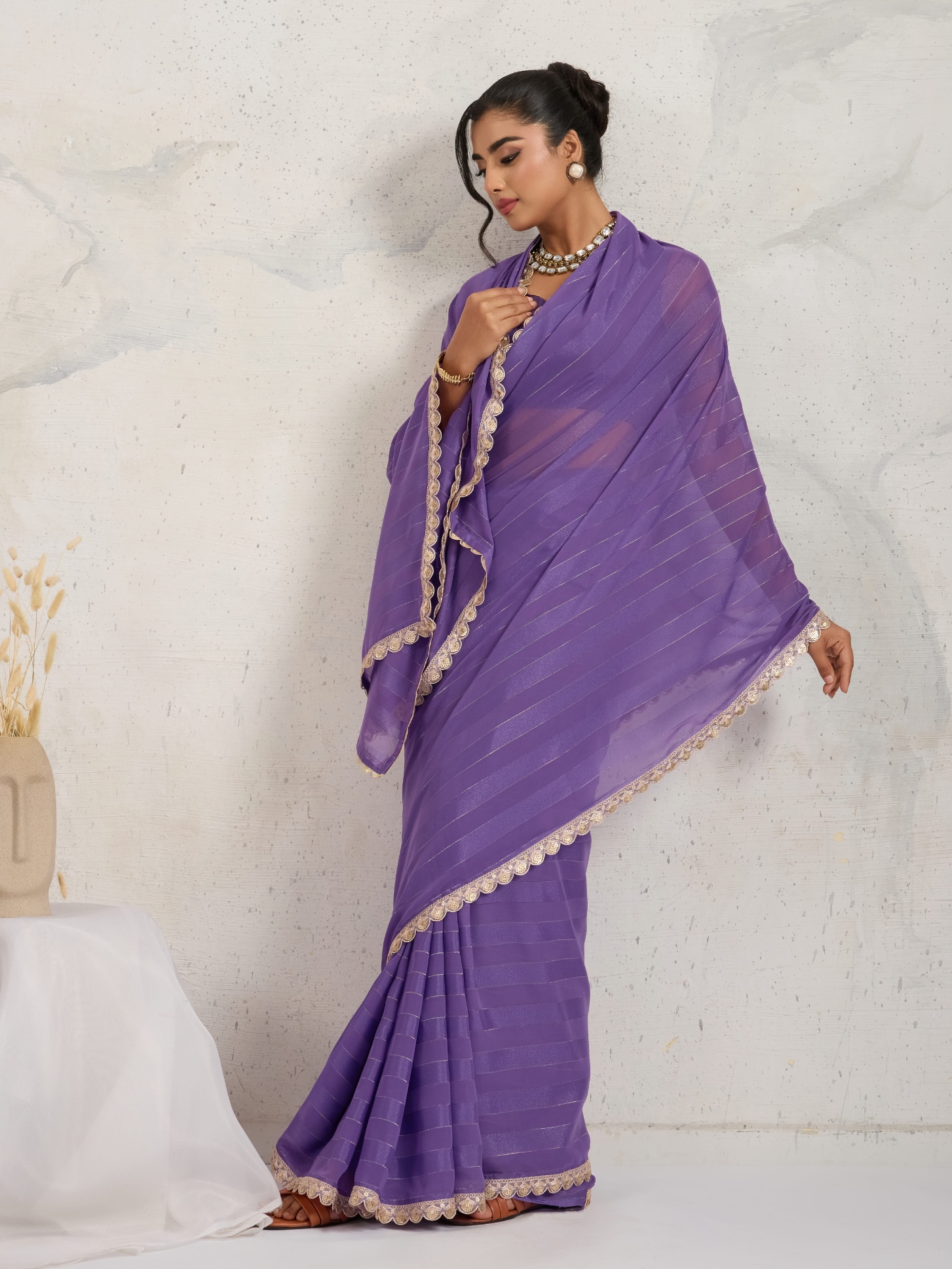 Purple Georgette Lace Border Ready To Wear Saree