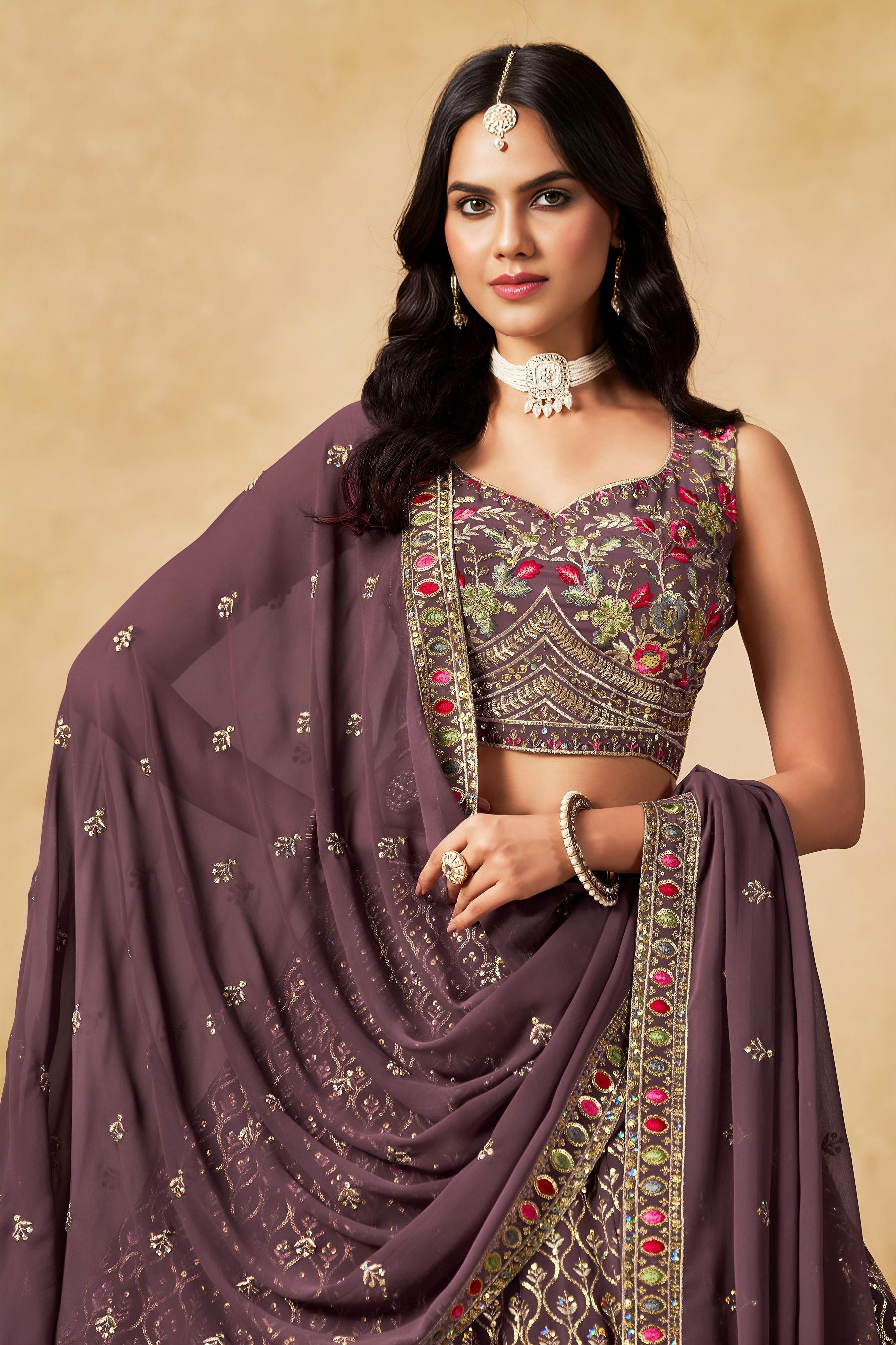 Purple Georgette Sequins Embroidered Lehenga Choli