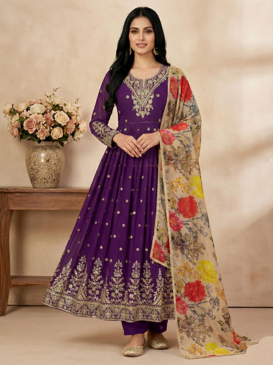 Purple Georgette Sequins Thread Designer Suit