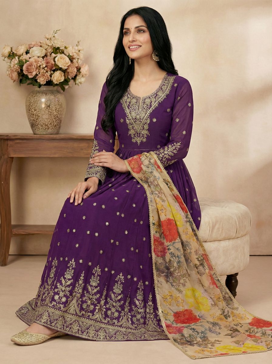 Purple Georgette Sequins Thread Designer Suit — alternate view