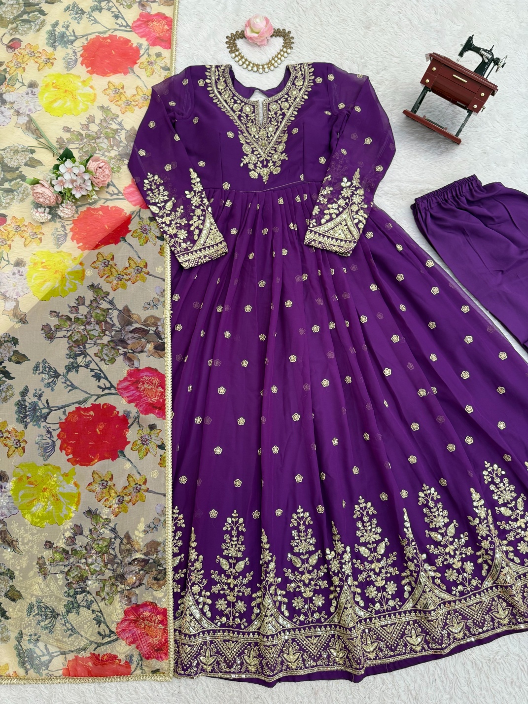 Purple Georgette Sequins Thread Designer Suit