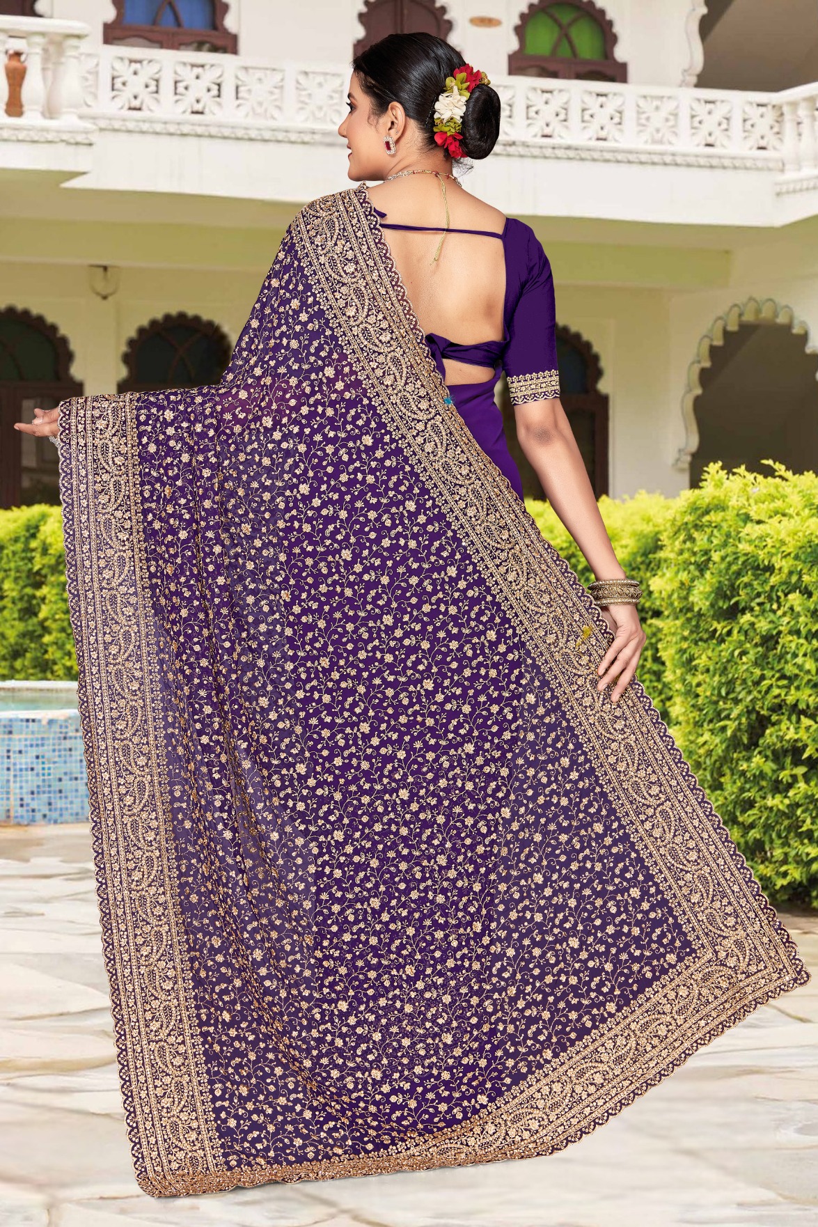 Purple Gold Zari Embroidered Georgette Saree — alternate view
