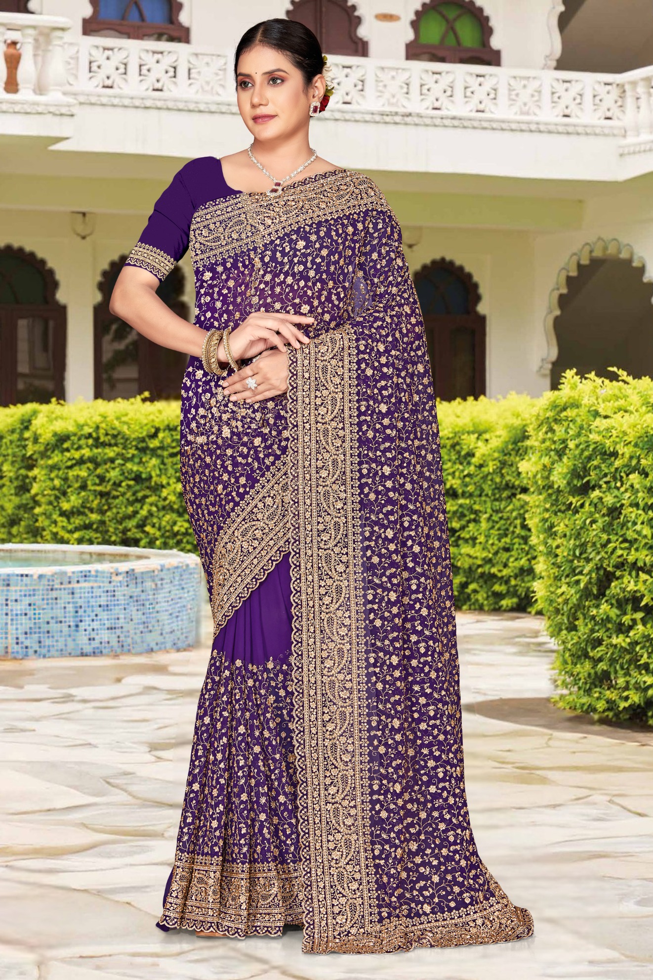 Purple Gold Zari Embroidered Georgette Saree