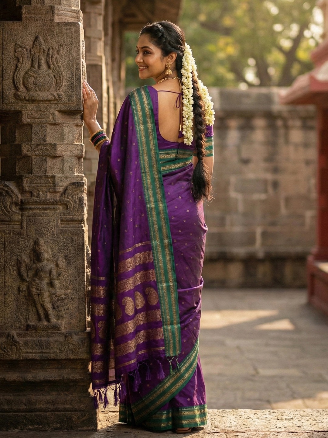 Purple Green Soft Silk Zari Woven Saree — alternate view