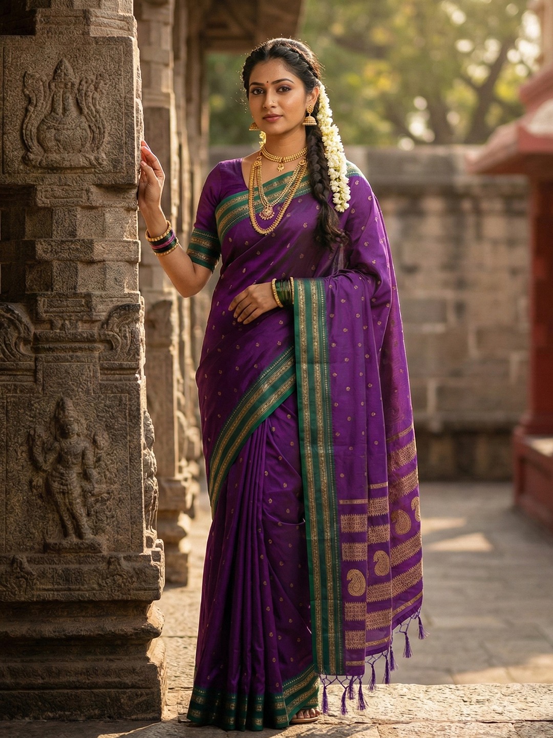 Purple Green Soft Silk Zari Woven Saree