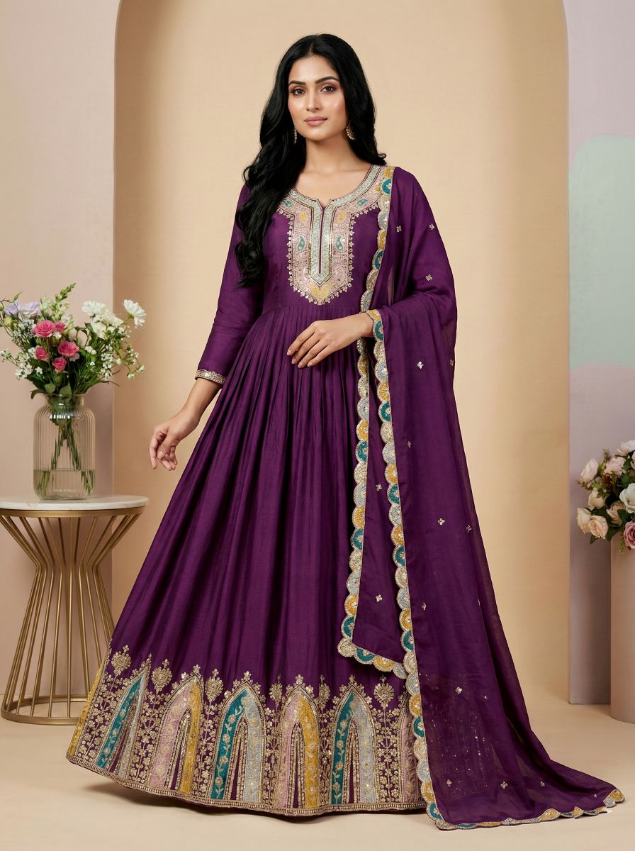 Purple Heavy Chinon Silk Multi Thread Embroidered Sequence Anarkali Gown