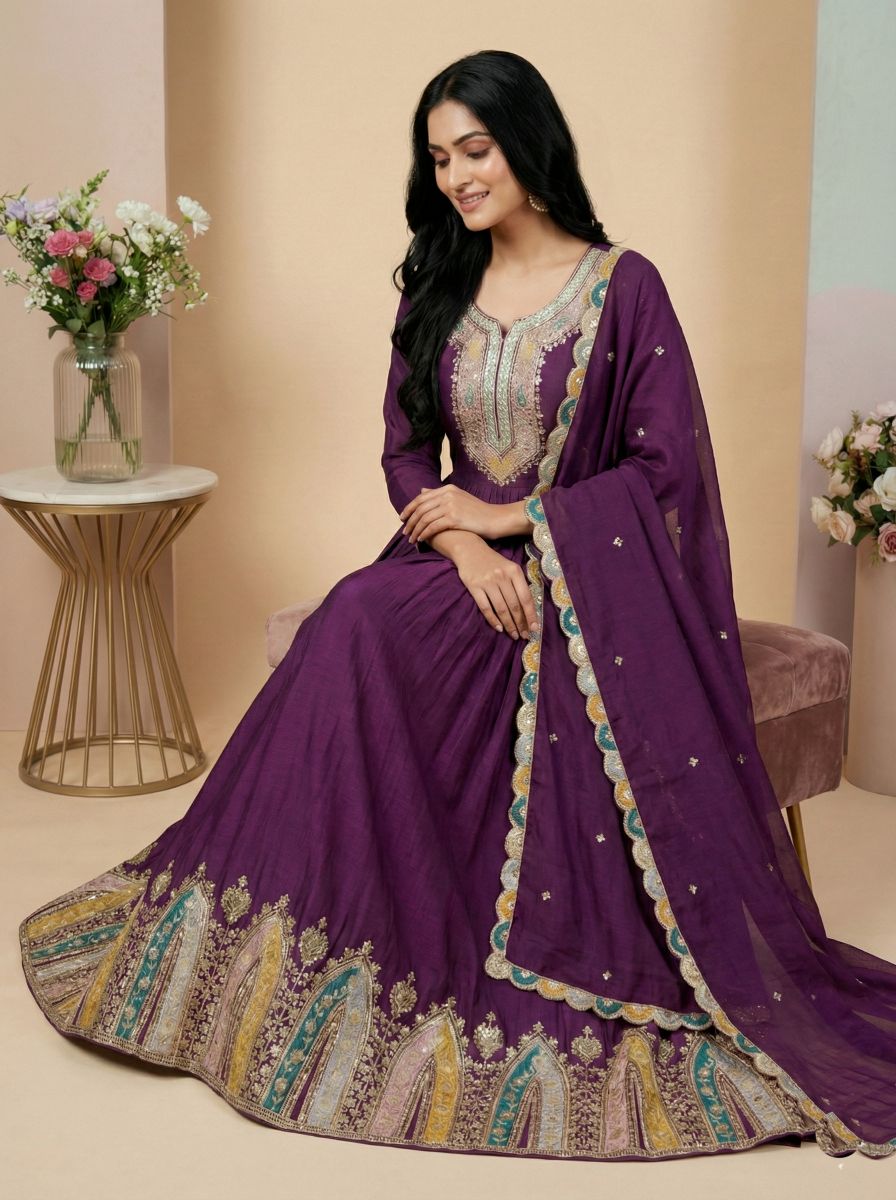 Purple Heavy Chinon Silk Multi Thread Embroidered Sequence Anarkali Gown — alternate view