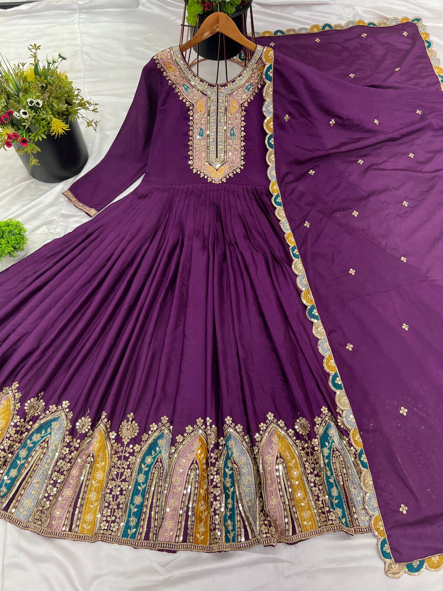 Purple Heavy Chinon Silk Multi Thread Embroidered Sequence Anarkali Gown