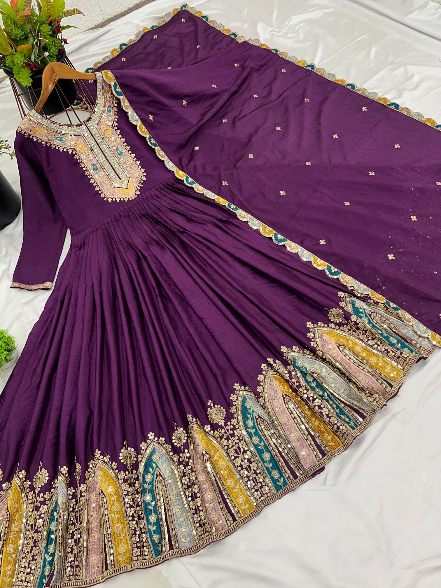 Purple Heavy Chinon Silk Multi Thread Embroidered Sequence Anarkali Gown