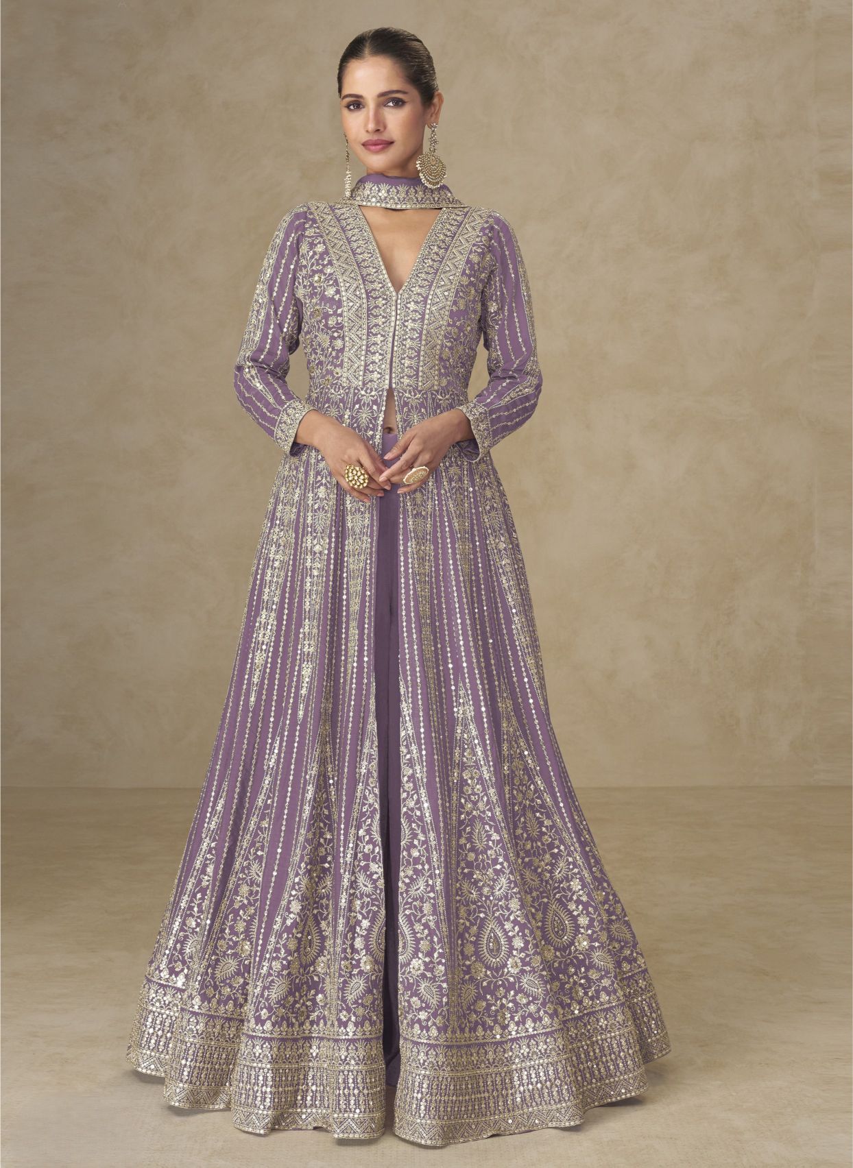 Purple Heavy Embroidered Chinon Anarkali Suit