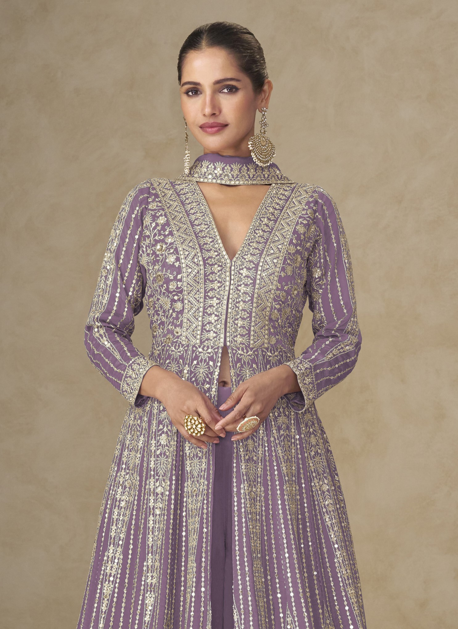 Purple Heavy Embroidered Chinon Anarkali Suit — alternate view