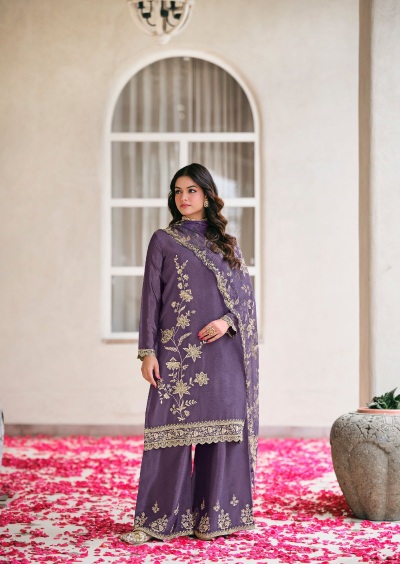 Purple Heavy Embroidered Chinon Palazzo Suit