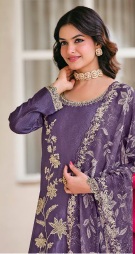 Purple Heavy Embroidered Chinon Palazzo Suit