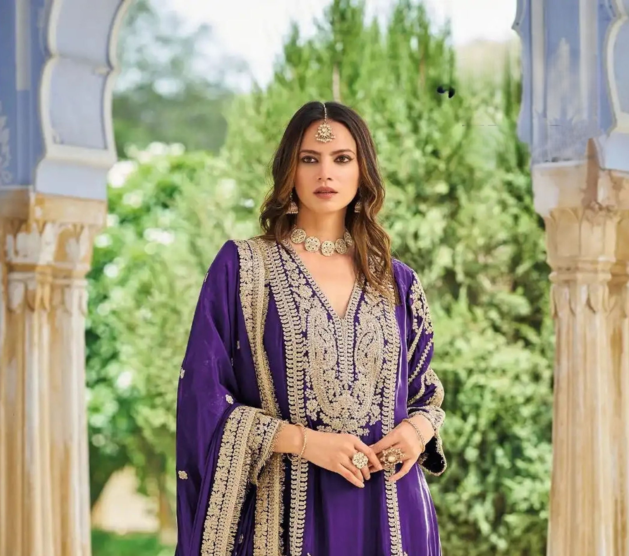 Purple Heavy Embroidery Chinon Palazzo Suit — alternate view